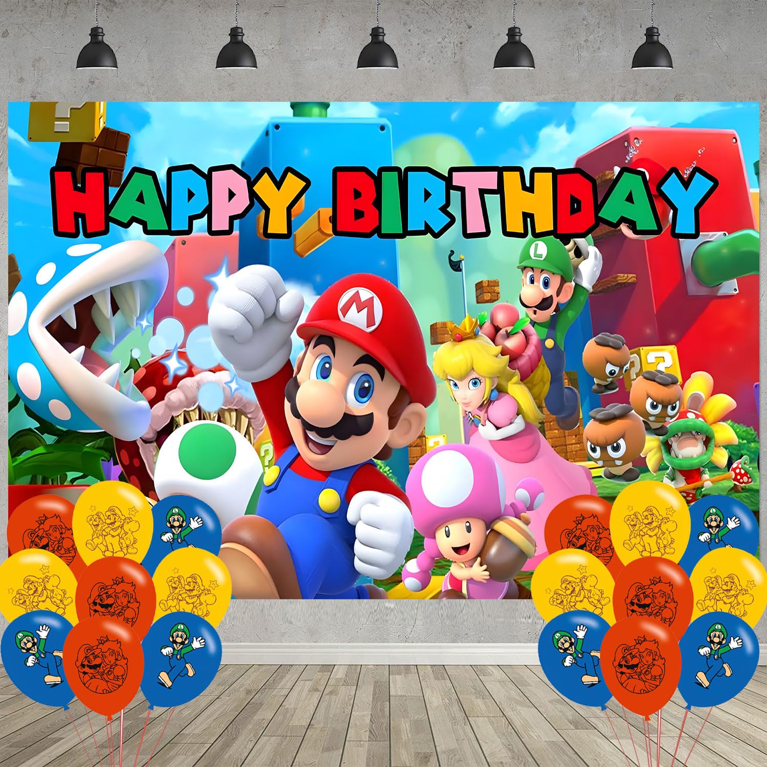 Super Bros Birthday Party Decoration,Super Brothers Party Photo Background 5 x 3 FT and 18 Pcs Balloon,Girl Merch Party Backdrop Supplies