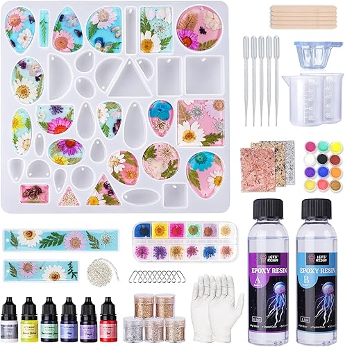 LET'S RESIN Suministros para hacer joyas de resina epoxi, kits y moldes de resina incluye flores secas, tinte de resina, cadena de collar, kit de