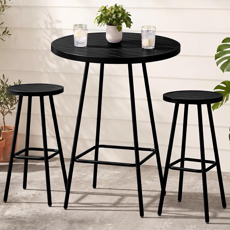 Best Choice Products Juego de comedor para patio de 3 piezas, altura de barra, juego de bistró al aire libre, mesa de bar redonda para exterior con 2 taburetes de bar, acero - negro