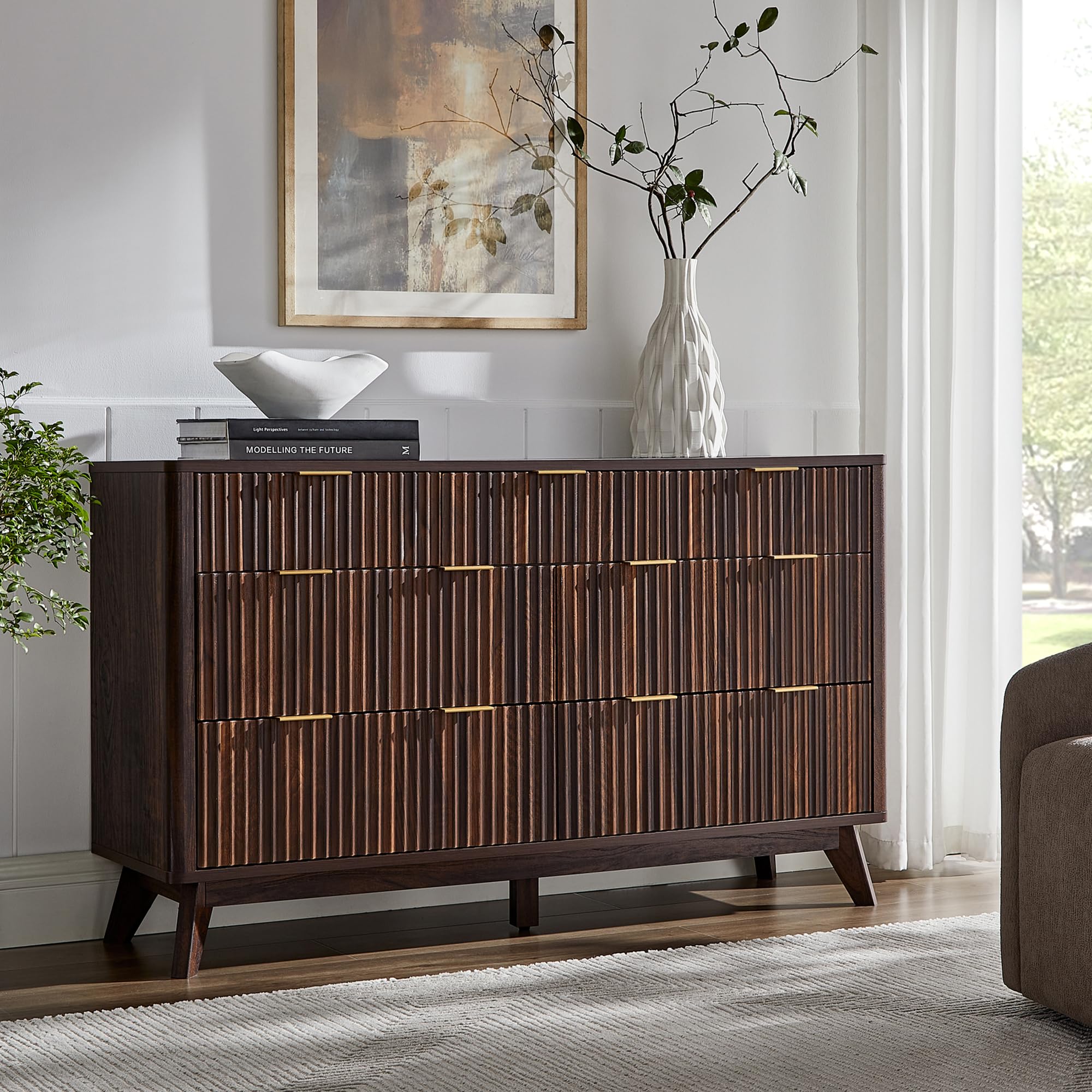 T4TREAM Fluted 7 Drawers Dresser, 54" Wide Modern Chest of Drawers, Curved Profile Design, Dresser TV Stand, Wood Drawer Organizer for Bedroom, Living Room, Hallway, Dark WalnutThe Forest Stewardship Council
