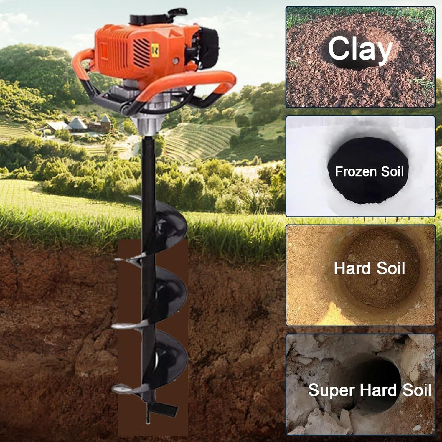 72cc 2200W Post Hole Digger Gas Powered Earth Auger Digger with 3 Drill Bit 4" & 8" & 12" and 2 Extension Rods 24" 24" for Fence Farmland Garden Plant