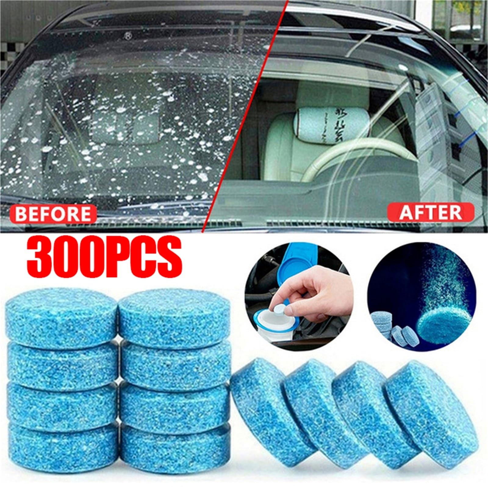 Pulizia cristalli Set solido concentrato per detergente per parabrezza per auto, compressa effervescente, liquido lavavetri universale per vetri Impianto Lavavetro Parabrezza(300PCS)