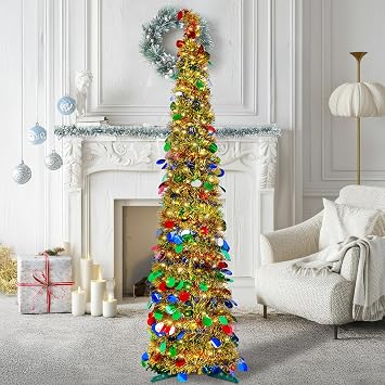 Garma 5ft Pop Up Christmas Tree with 50 LED Light, Golden Tinsel Christmas Tree Collapsible Artificial Pencil Tree for Xmas Party Holiday Decor Indoor Yard Garden Outdoor Decorations Golden Colorful