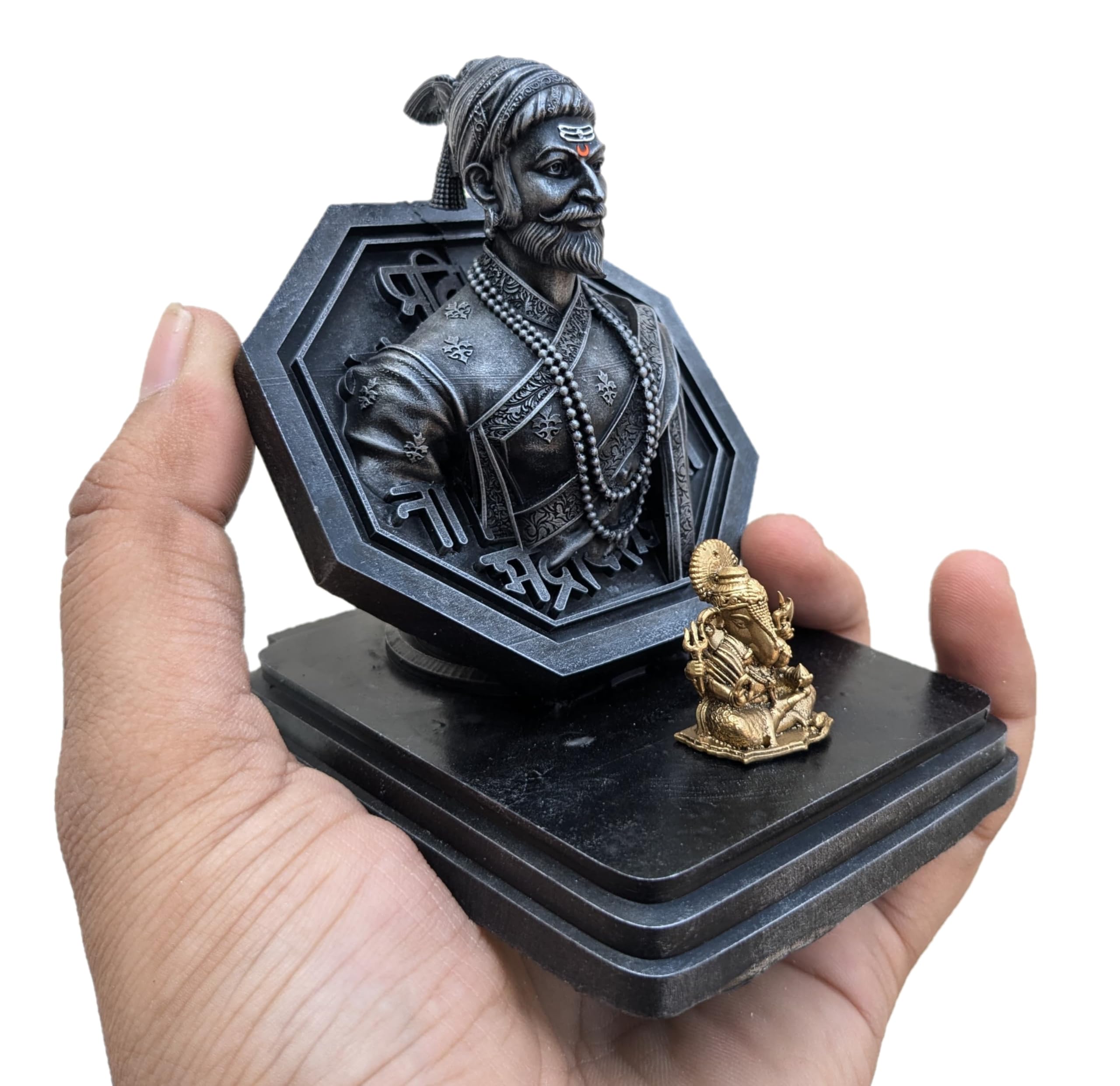 VRUSHAM CREATIONS Chatrapati Shivaji Maharaj Statue for Car Dashboard, Beautifully Crafted in RajMudra with Metal Ganpati Idol (4 inch)-image-8