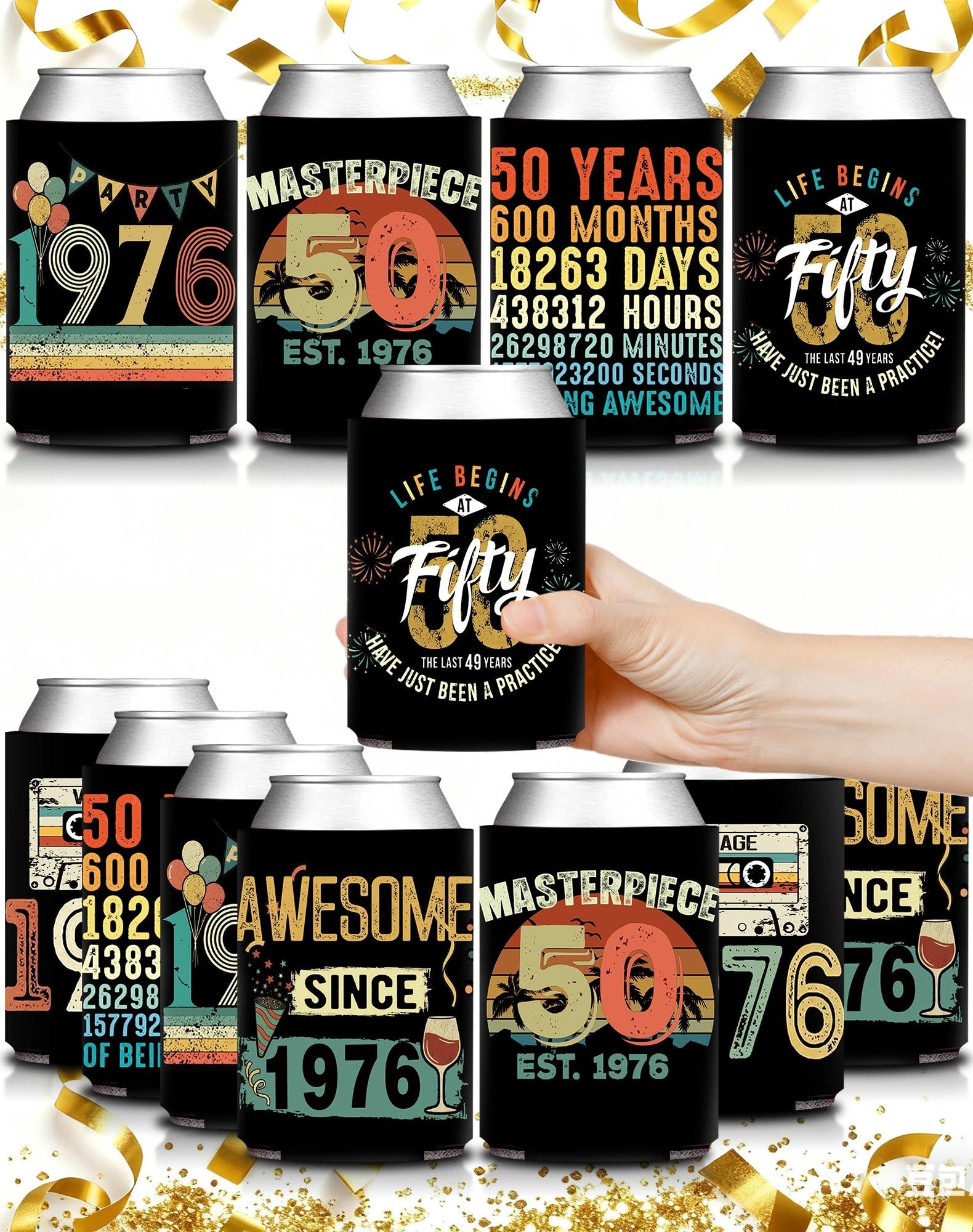 1976 Vintage Can Cooler Holder Sleeves for Men Women Fifty 50th Birthday, Cheers To 50 Year Anniversary Celebration Party Decorations Supplies