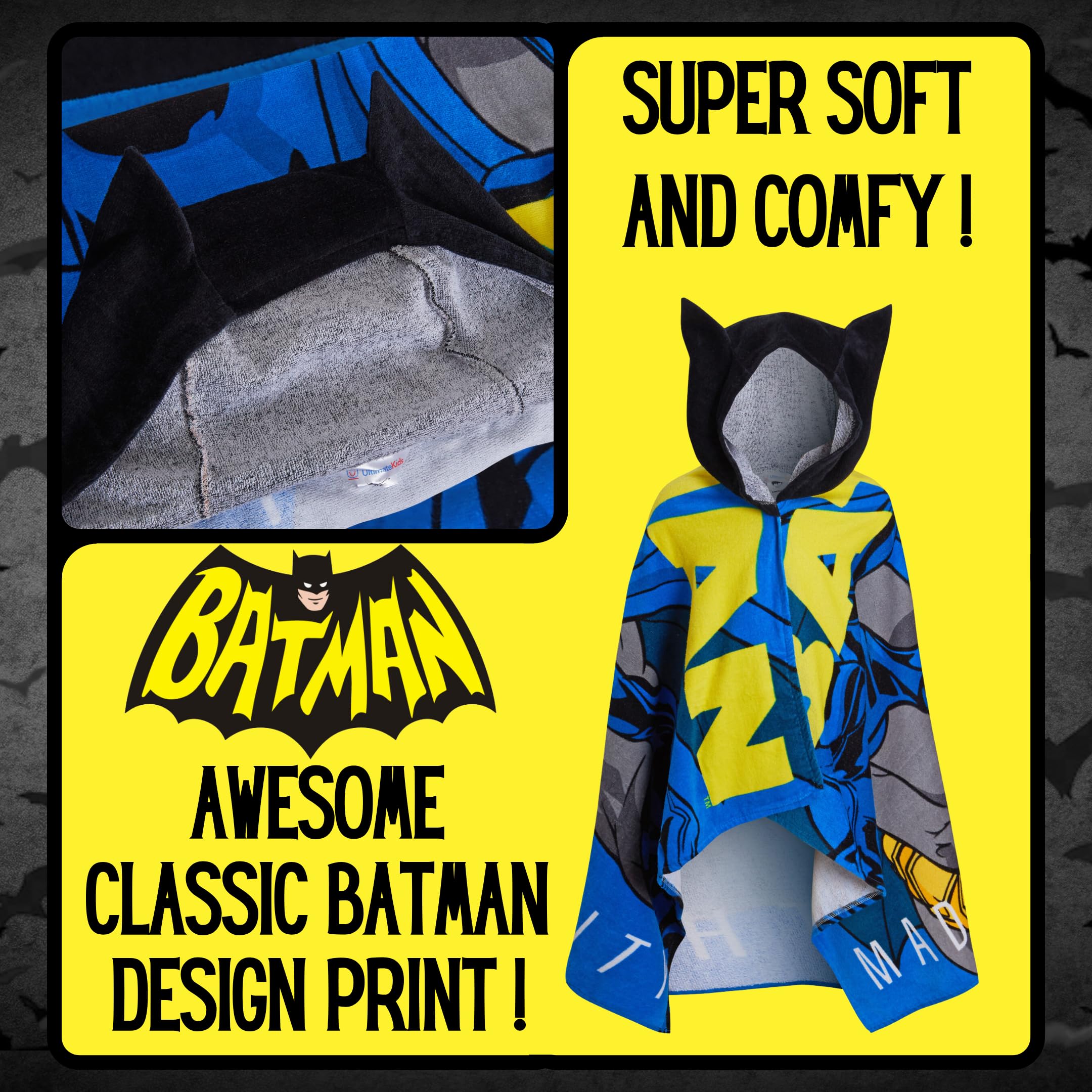 DC Comics Asciugamano con cappuccio Batman 100% cotone Poncho per bambini Asciugamano da spiaggia per ragazzi Asciugamano da bagno Copertura per nuotare Accappatoio
