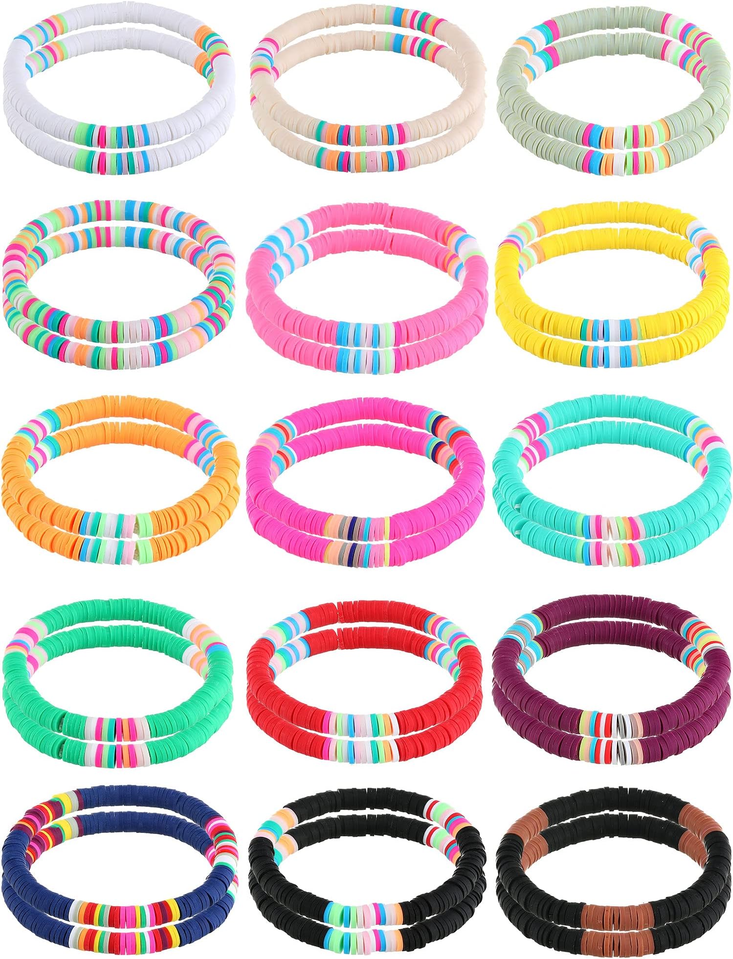 Lemosae30 Pieces Heishi Bracelets Surfer Beaded Bracelets Rainbow Clay Bracelets Boho Friendship Stackable Bracelets Summer Beach Bracelet Set