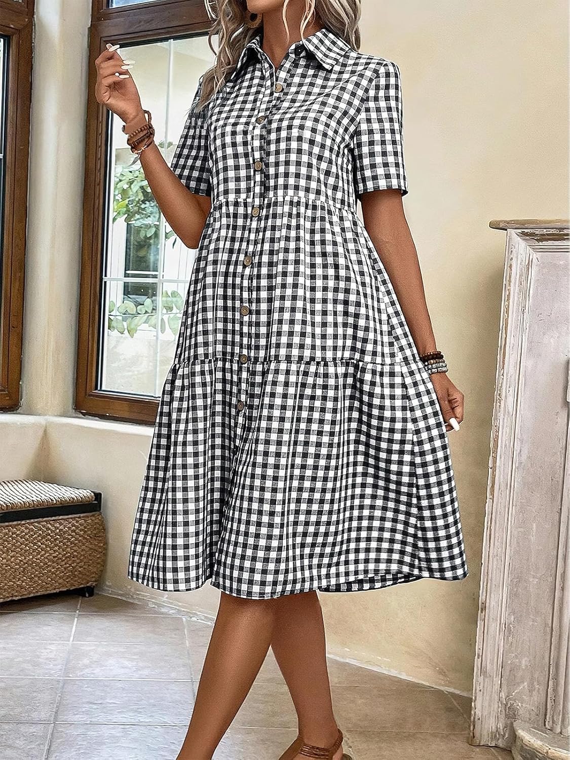 ebossy Women's Retro Plaid Shirt Dress Elegant Lapel Button Up Swing A line Flowy Gingham Mid Tunic Dress - Image 2