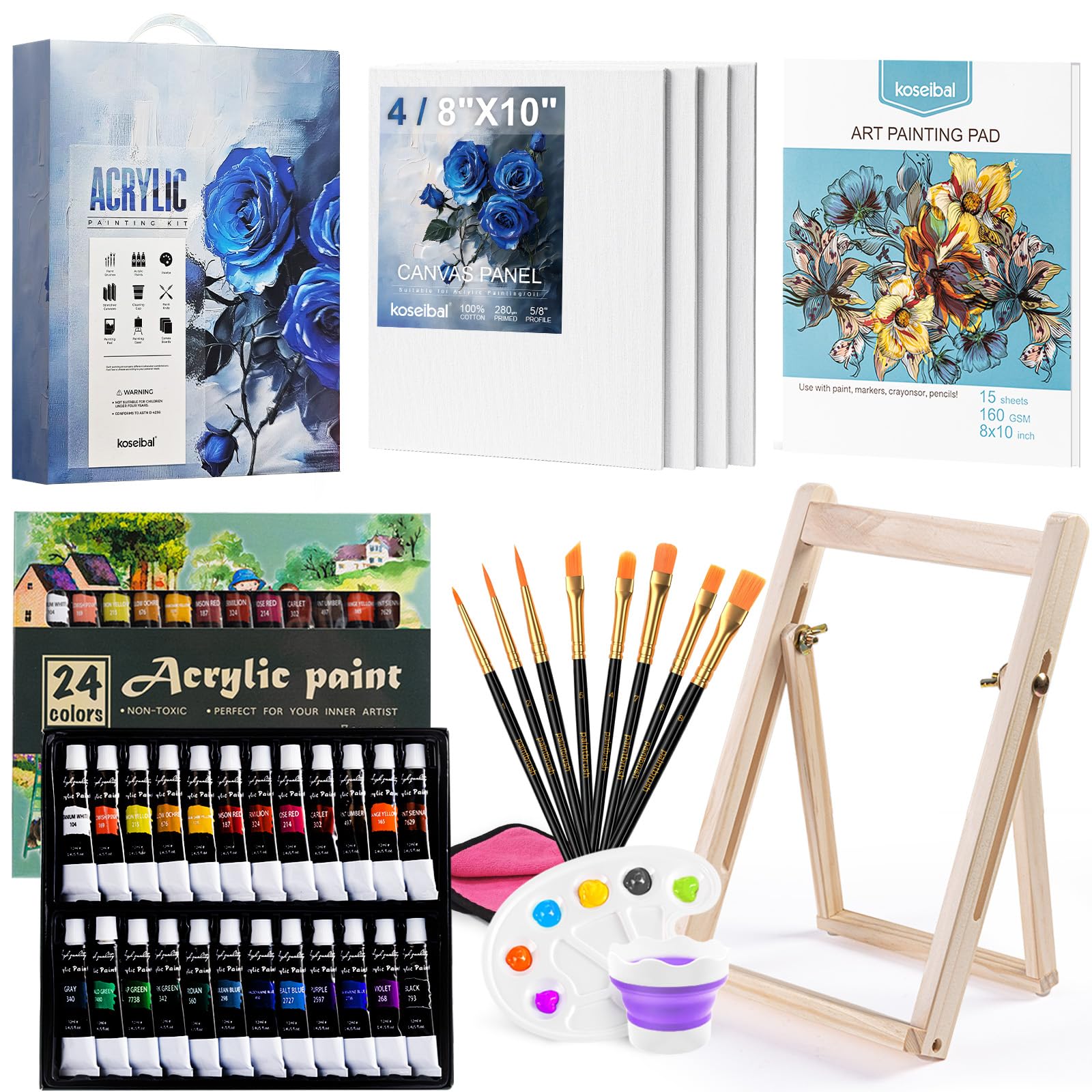 Acrylic Art Set, 41 PCS Painting Kit, Acrylic Paint Set for Kids, Painting Supplies with 24 Acrylic Paints, 1 Wooden Easel , 4 Canvas Panels, 8 Paint