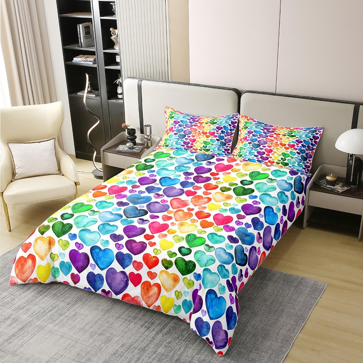 Loussiesd Liebesherz Betten Set Pärchen Buntes Liebesherz Muster Bettwäsche Set 135x200cm 100% Baumwolle Regenbogen Herz Bettbezug Set für Kinder Jungen Mädchen Raumdeko
