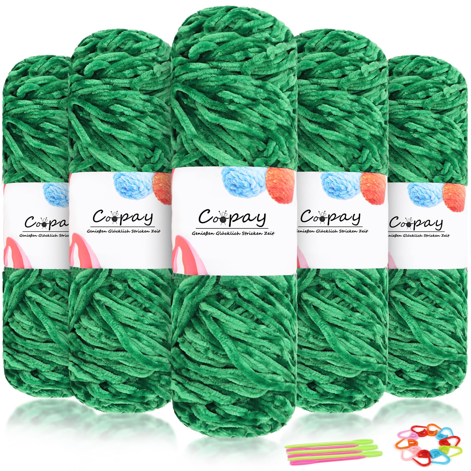 Coopay Samt Chenille Wolle, 500g (5x100g) Velvet Chenillegarn Wolle zum Häkeln, Flauschige Weicher Babywolle für Kinder, Samtig Chenillewolle mit Häkelzubehör für Puppen, Schals