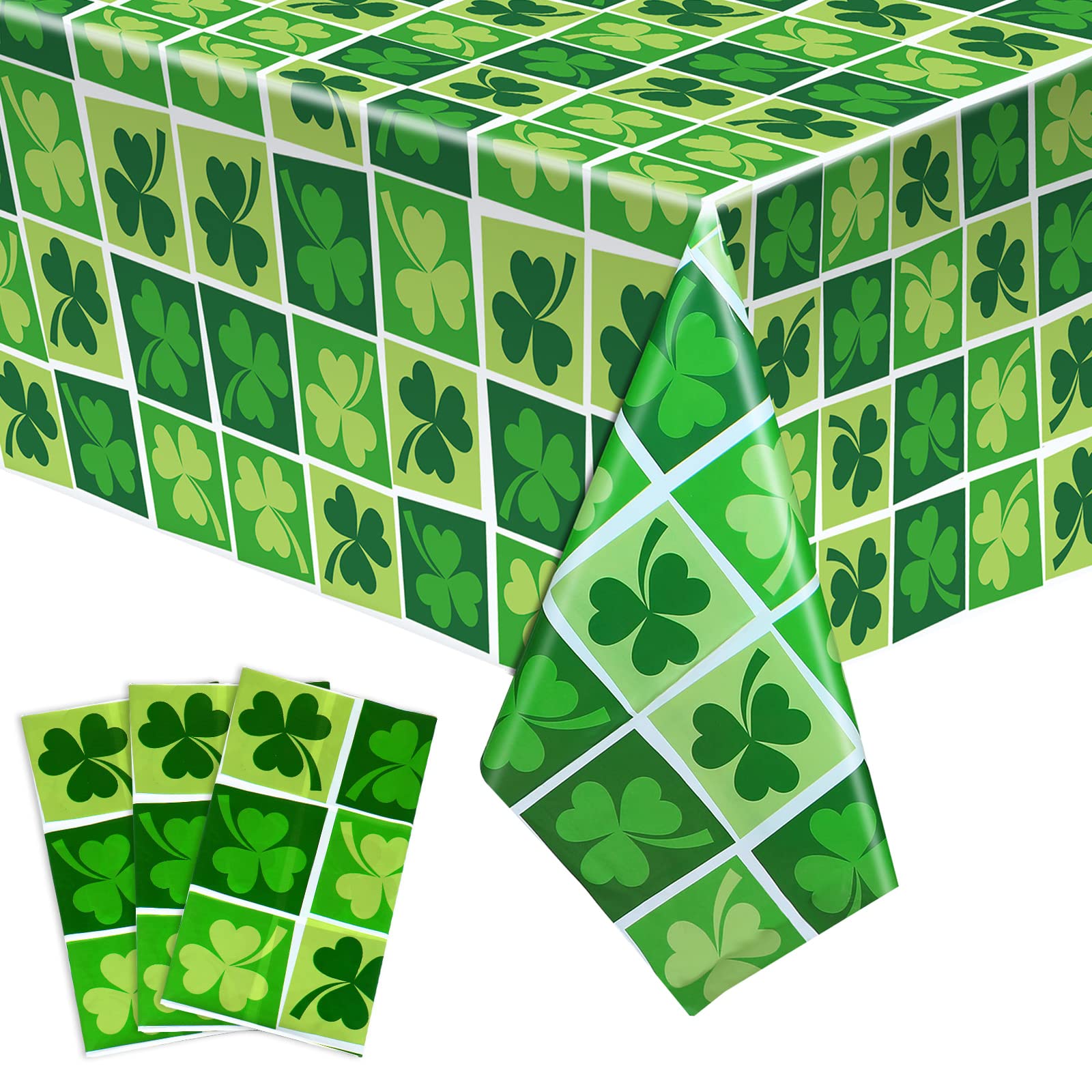 Tegeme 3 Pieces St. Patrick's Day Tablecloths Decoration Plastic Irish Shamrock Table Covers Disposable Waterproof Green Shamrock Table Cloth for St. Patrick's Day Party Supplies (54 x 87 Inch)