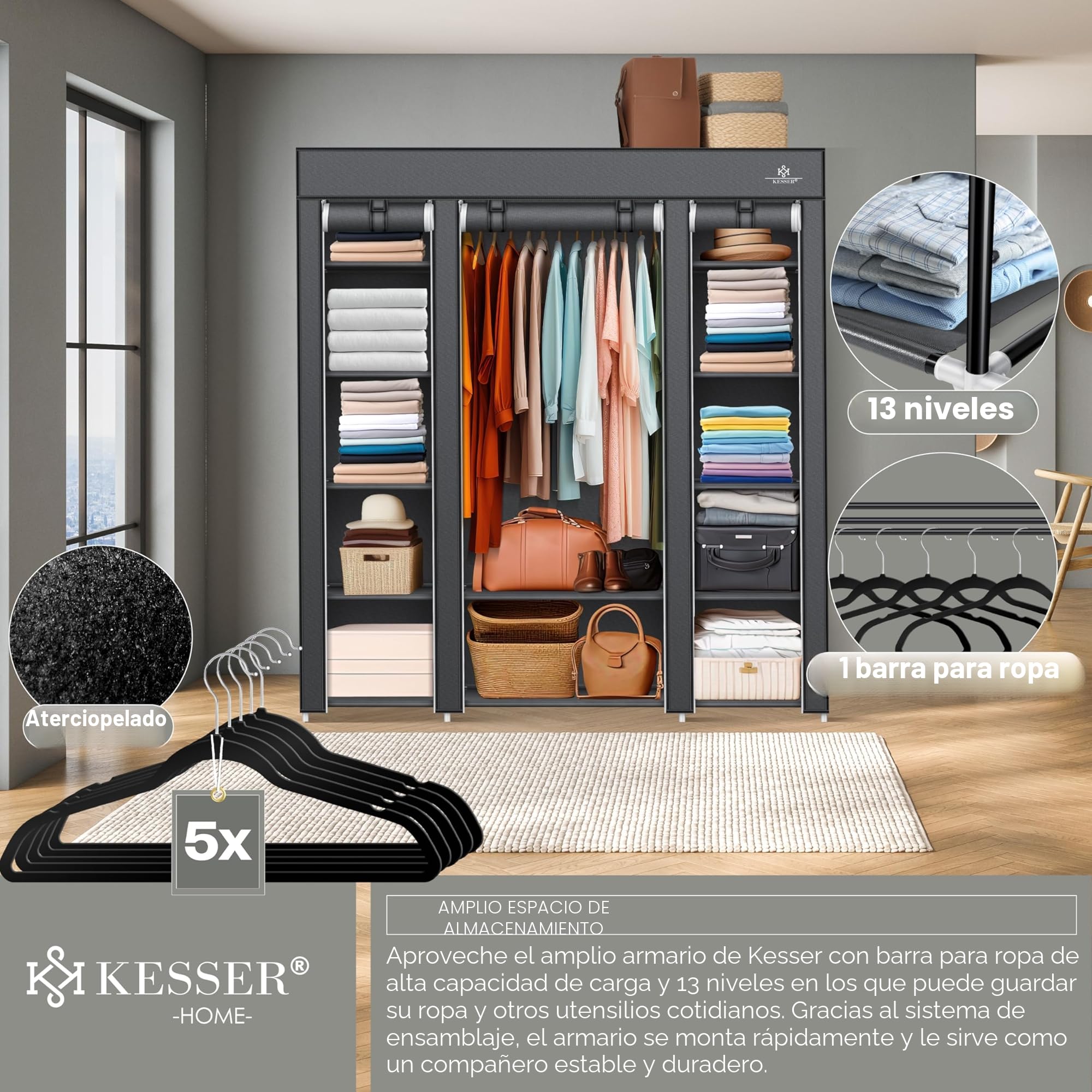 KESSER® Armario de tela estable con barra y estantes, incluye 5 perchas, armario plegable de tela para dormitorio, vestidor con perchero, 150 x 45 x 175 cm, antracita