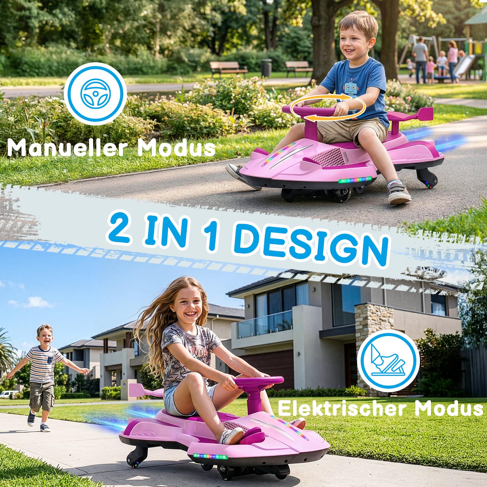 LALAHO Kinder Elektroauto, 2-in-1 Elektrisches Rutschauto mit Pedal,Wiggle Car mit Pedal,LED-Lichter,360° Lenkung,2 Geschwindigkeit Kippschutz Leuchtende Räder,für Kind ab 3 Jahren (Rosa-Lila)