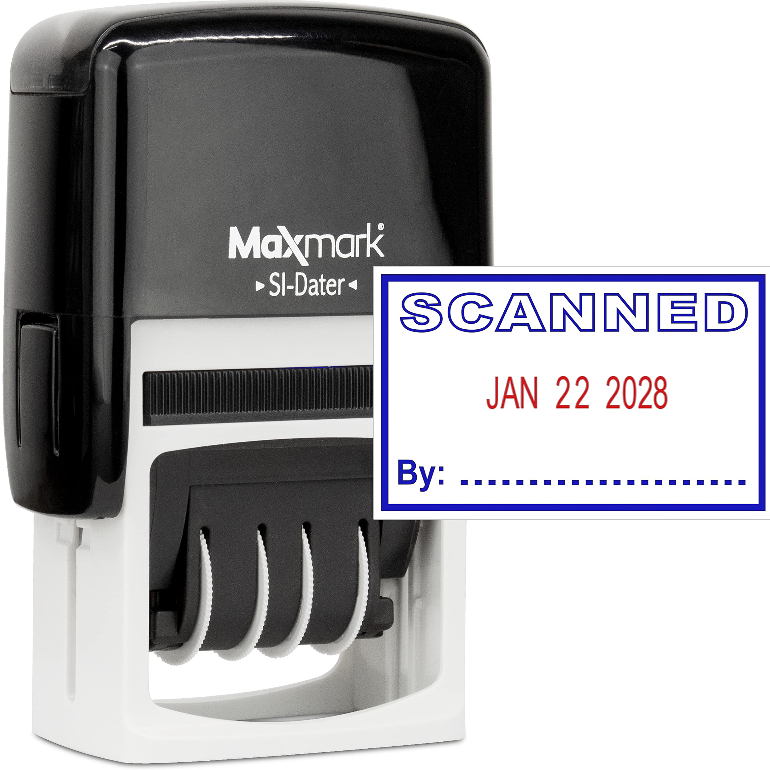 MaxMark Office Self Inking Date Stamp with Phrase Scanned - 2 Color Blue/Red Ink