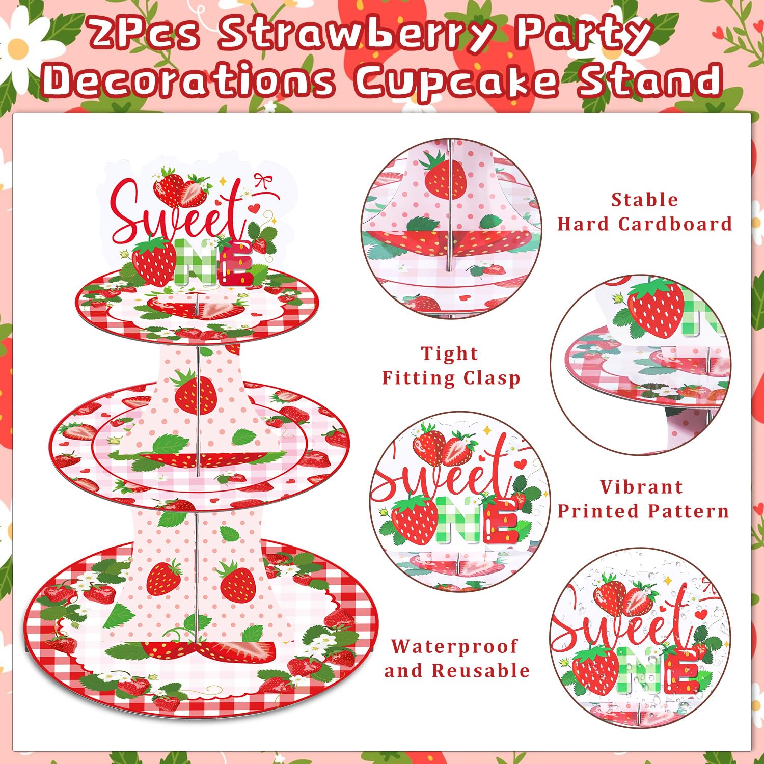 Strawberry Birthday Party Decorations - 3 Tier Berry First Cupcake Stand Fruit Themed Reusable Party Supplies Dessert Tower Holder for Sweet One Birthday Baby Shower