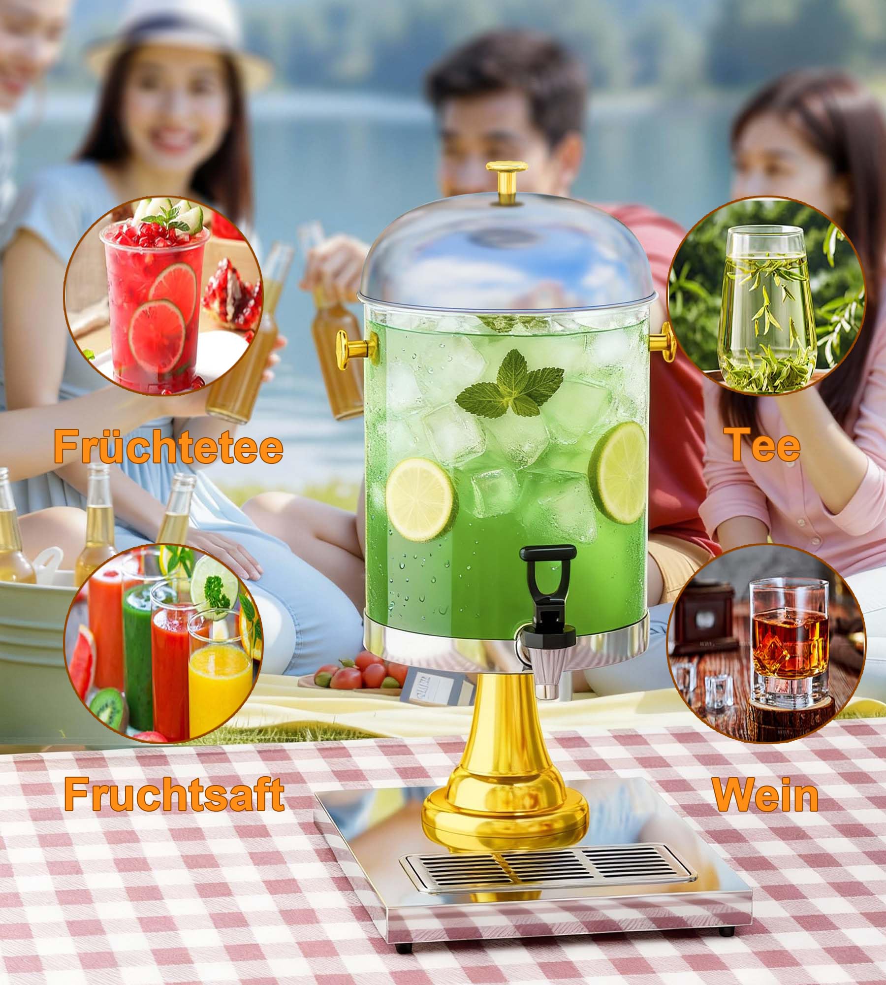 MYOYAY Saftspender mit Kühlelement Saft-Dispenser 8L Getränkemaschine mit Basis und tropfsicherem Zapfhahn Edelstahl Getränkedispenser für Speisesaal Party und Küche