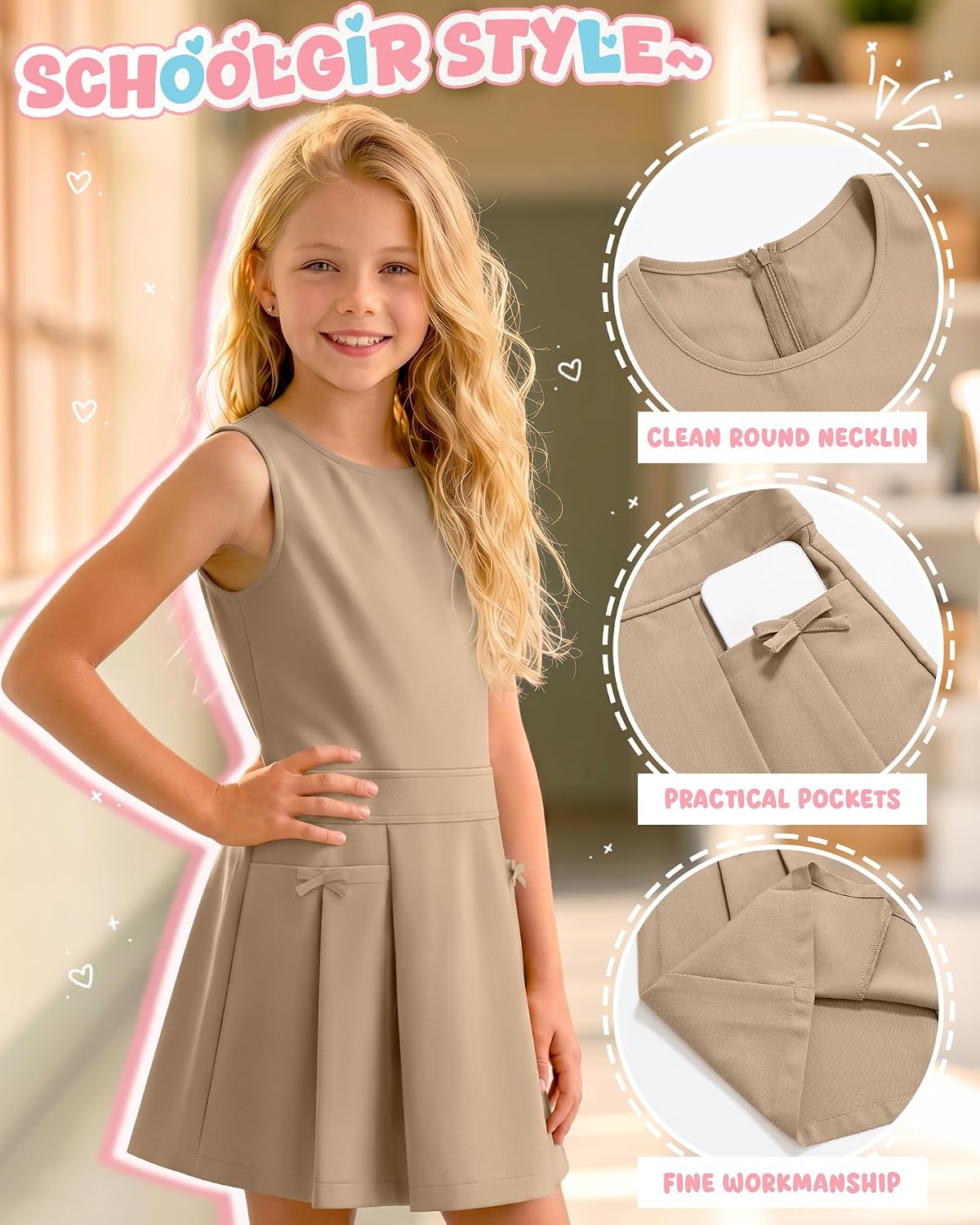 Girl's Sleeveless Uniform Jumper Dress School Pleated Knee Length Zippered Casual Dress with Side Pockets 3-12Y