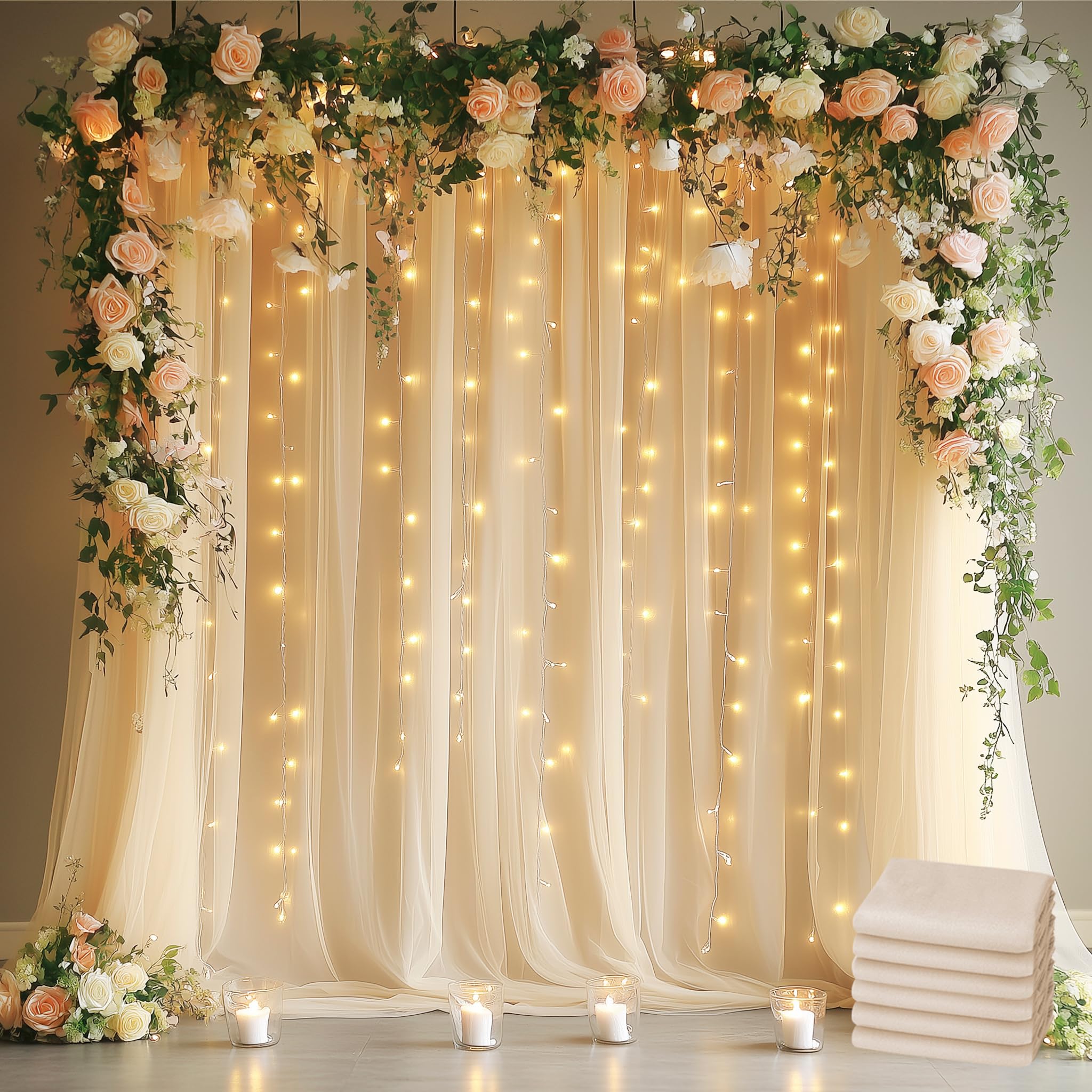 Rideau de fond en tulle Champagne Fomcet 6 pièces avec guirlande lumineuse 9,1x2,4m