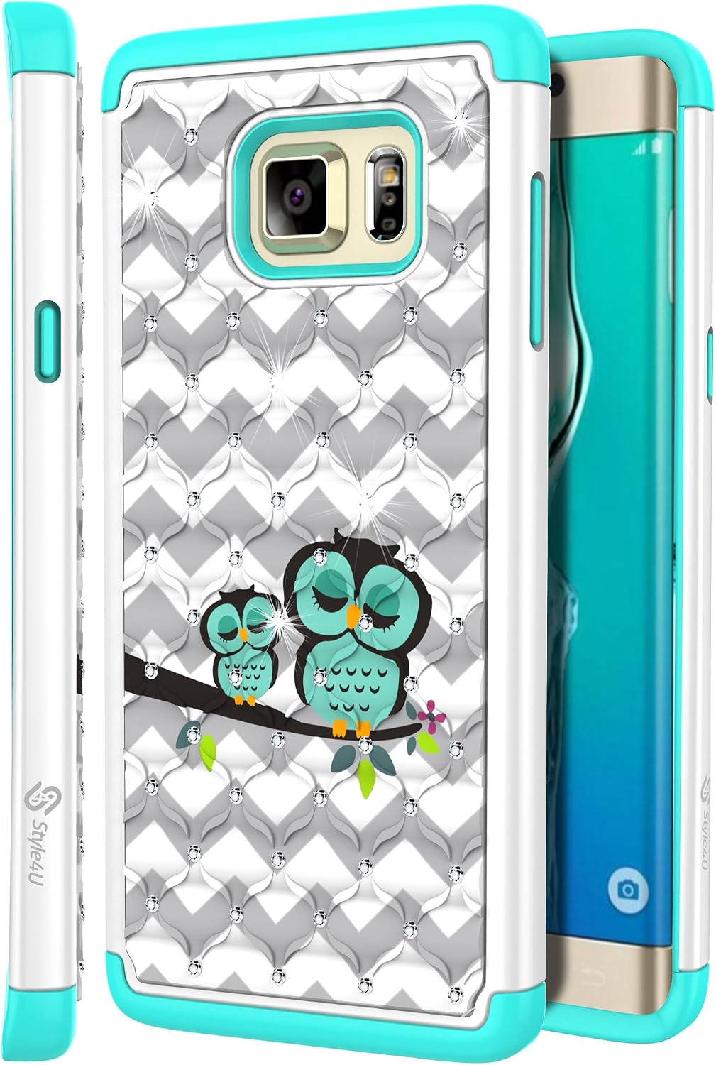 Style4U Galaxy S6 Edge Plus Case, Cute Owl Studded Rhinestone Crystal Bling Hybrid Armor Case Cover for Samsung Galaxy S6 Edge Plus / S6 Edge + with 1 Stylus [White/Teal]