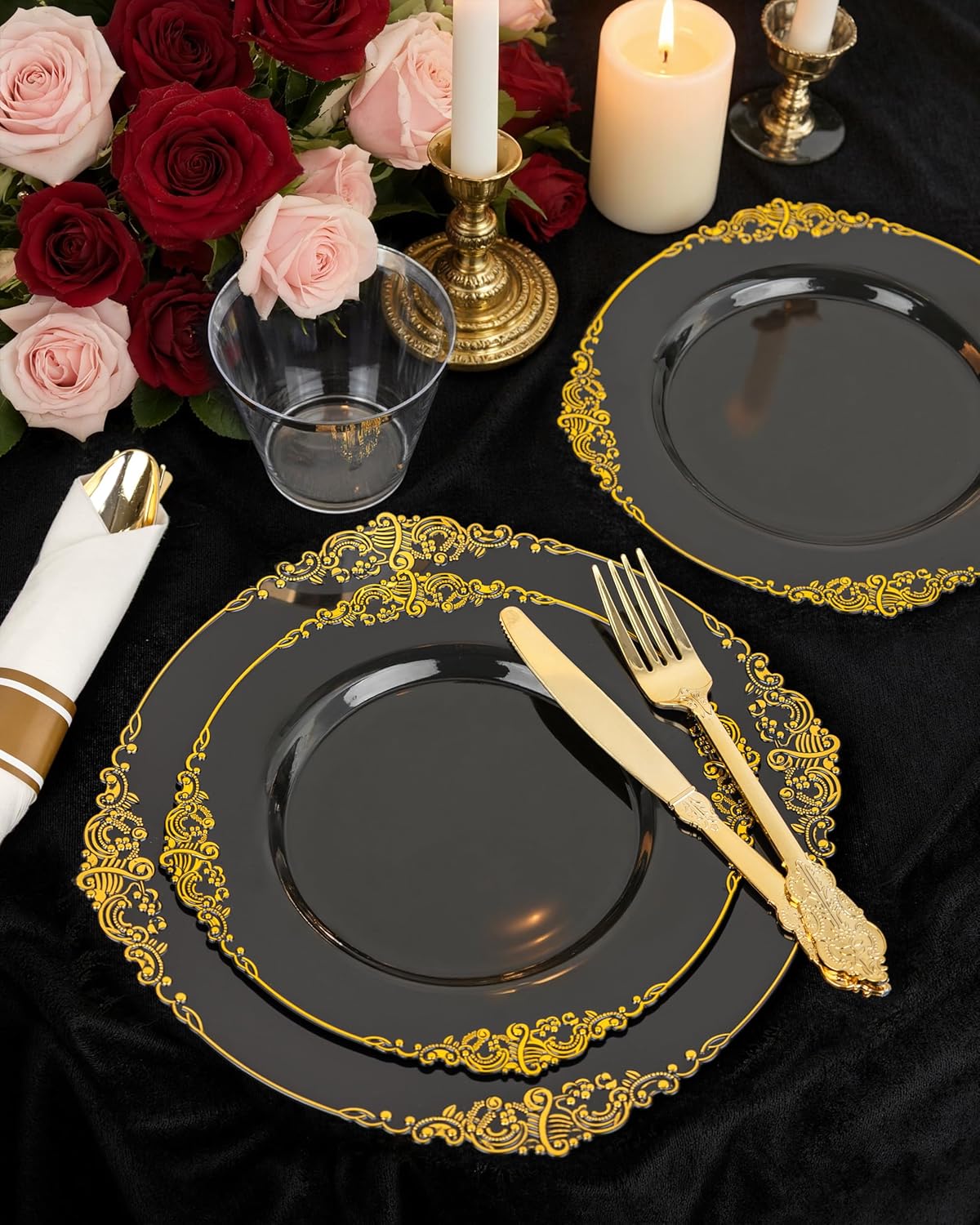 Nervure 175PCS Black Plastic Plates - Disposable Black Gold Party Plates & Pre Rolled Napkins with Cutlery for 25 Guests, 50Plates, 75Silverware, 25Cups, 25Napkin for Wedding & Party