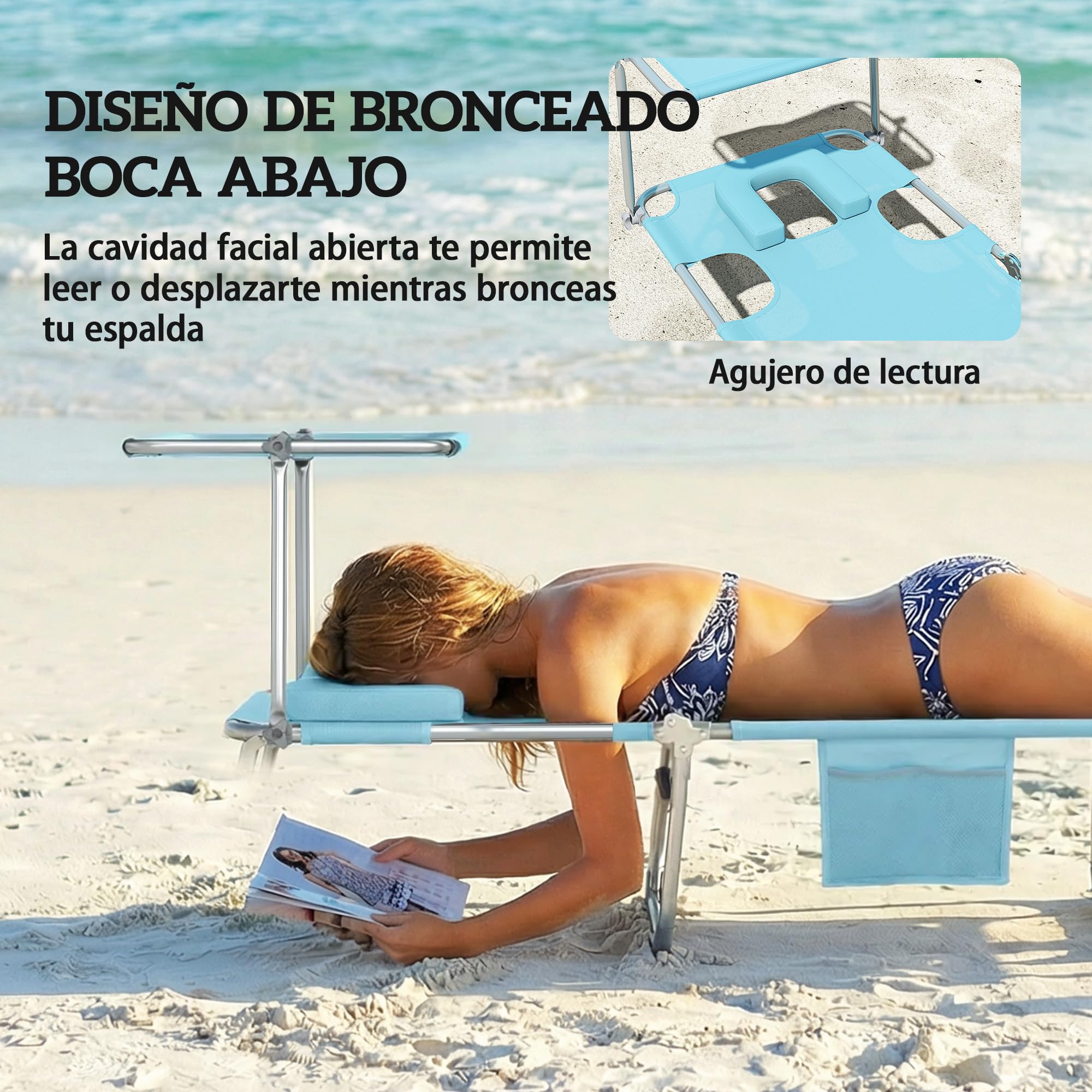 Outsunny Set de 2 Tumbonas Jardín Exterior Plegables con Dosel 360° Azul | Reposacabezas, Orificio Facial, Bolsillo Lateral, Respaldo Reclinable 5 Posiciones, Textilene 550 g/m², para Playa