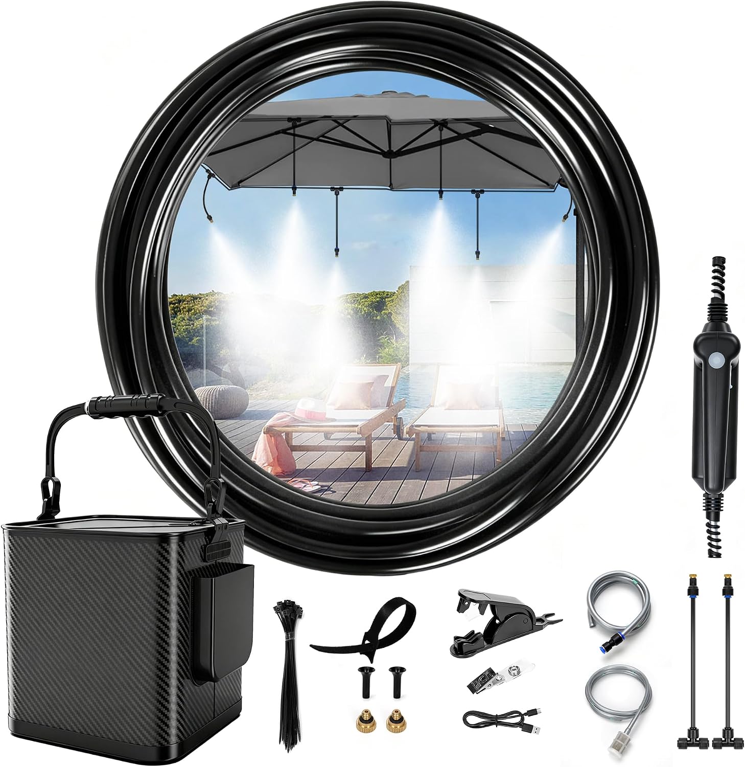 Portable Misting Cooling System Kit with 10M Hose, 4500mAh Rechargeable Pump and 8 Mist Nozzles, Outdoor Misting System for Patio, Garden, Backyard, Camping, Beach, Golf Cart and Animal Shelter