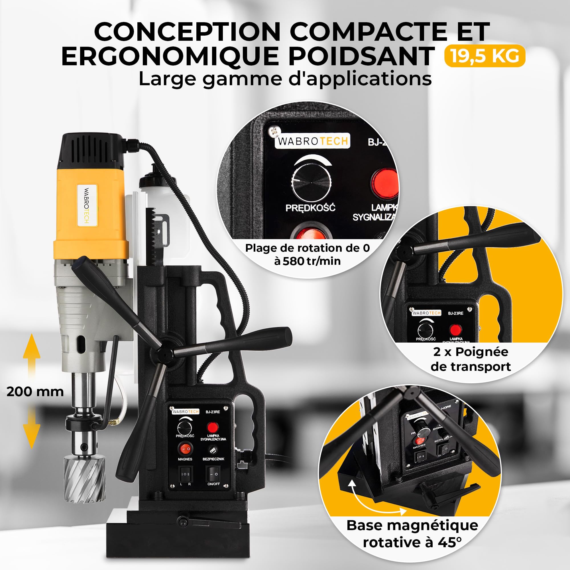WT23REWG Perceuse Magnétique 50 mm - Carotteuse à Diamant 580 tr/min - Carotteuse Diamant Portative M3-M16 pour le Travail des Métaux - Perceuse Aimantée 1880 W - Foreuse Magnétique 13000 N