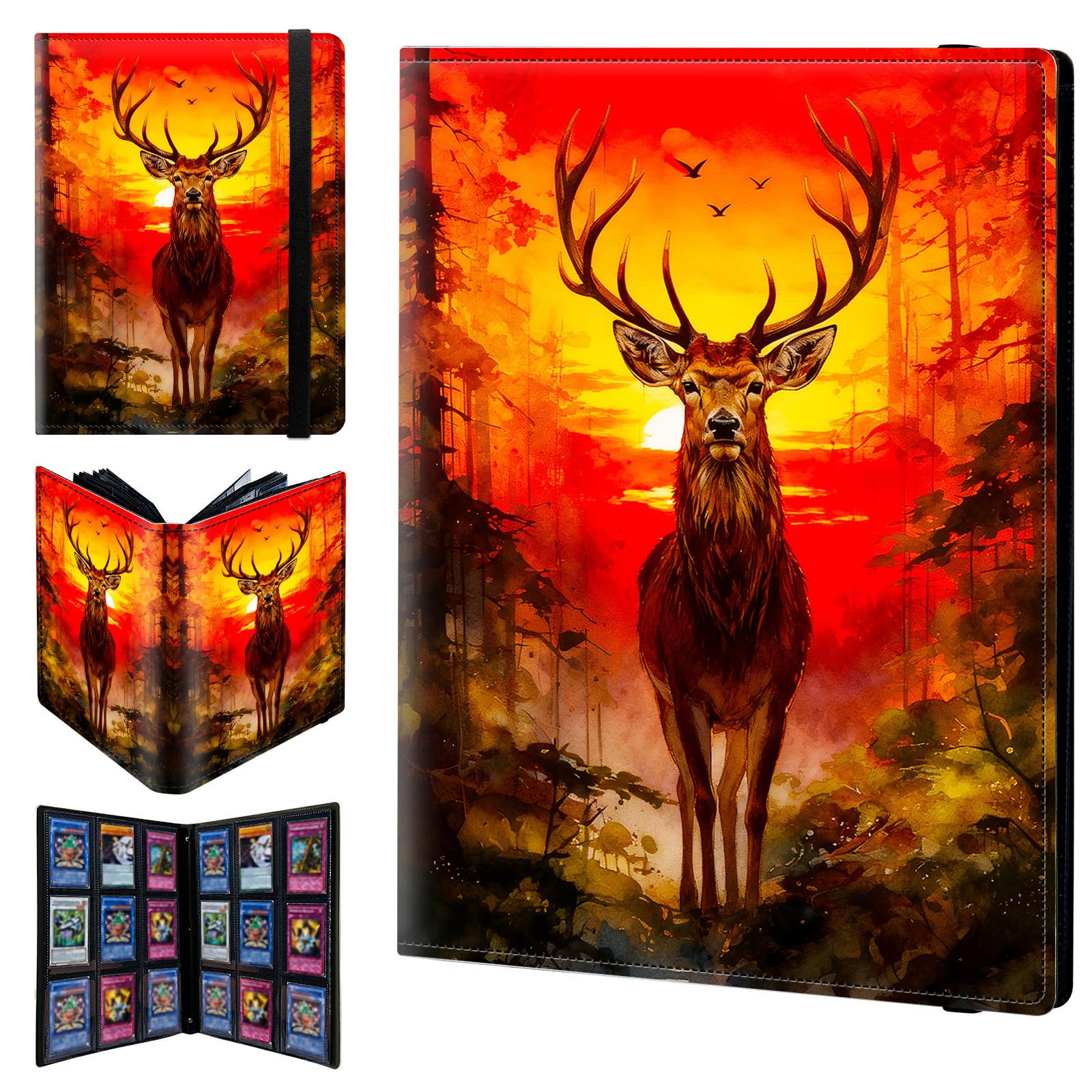 9 Pocket Trading Card Binder 720 Side Loading Pocket Album with Watercolor Sunset Forest Deer Pattern Design Card Binder for Sports Cards & Game Cards — image 1