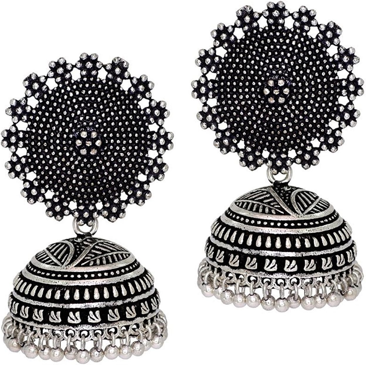 iTrends Oxidized Silver Color Indian Jhumki Earrings for Women & Girl (Set of 2)