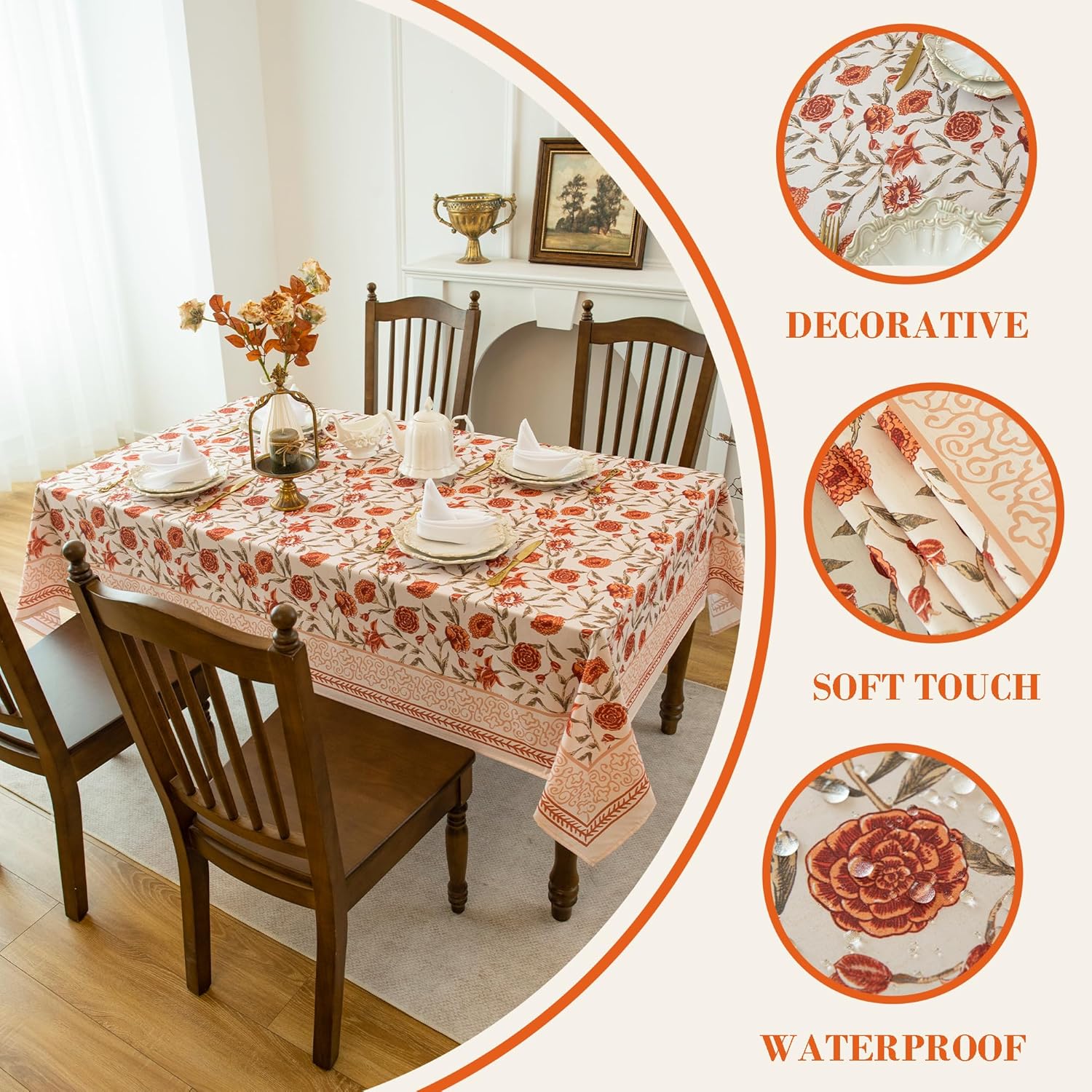 Valentine's Day Tablecloth 84 inches Length, Red Floral Waterproof Tablecloth Vintage French Style Home Decor, Elegant Floral Design, Stain Resistant, Perfect for Dining & Kitchen, W60 x L84 - Image 2