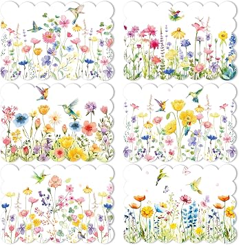 6 Pcs Watercolor Flowers Summer Placemats 12 x 17 Inches Wildflower Plastic Placemats Set of 6 Wipeable Butterfly Floral Table Vinyl Place Mats for Party Dining Home Kitchen Holiday Spring Decoration