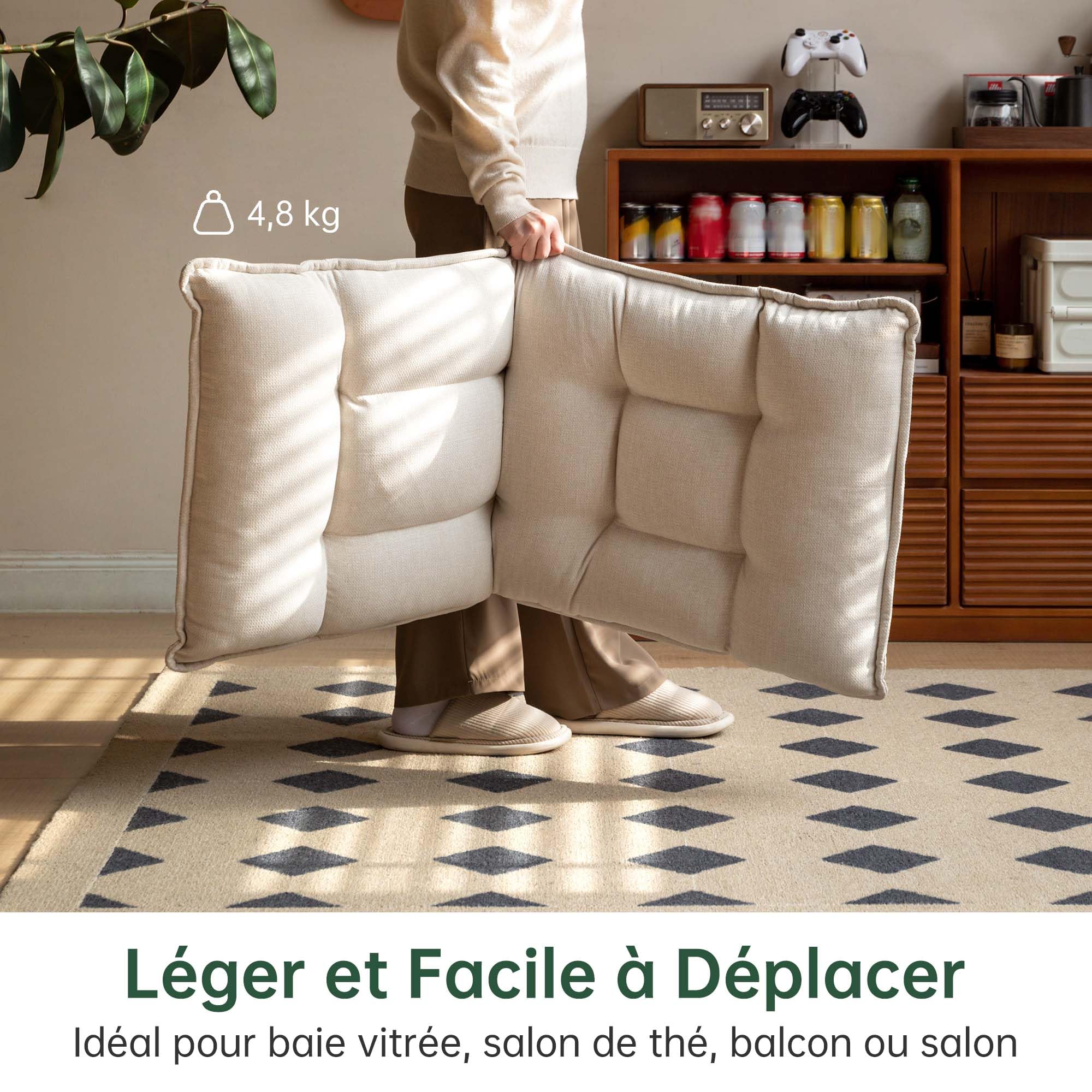 YESWOOD Fauteuil de Sol Réglable 42 Positions, Dossier 90°-180° avec Appui-Tête, Chaise de Sol Paresseux Pliable, Fauteuil Relax Confortable pour Salon, Chambre, Blanc