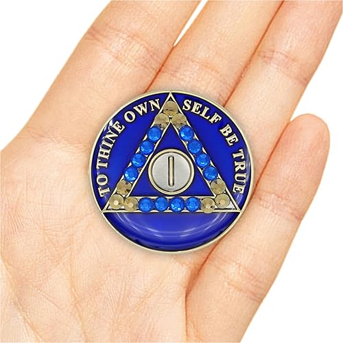 Vista 41 de Moneda de sobriedad de 5 años Ficha de aniversario de recuperación de medallón de chip AA cristalizado azul con oración de serenidad