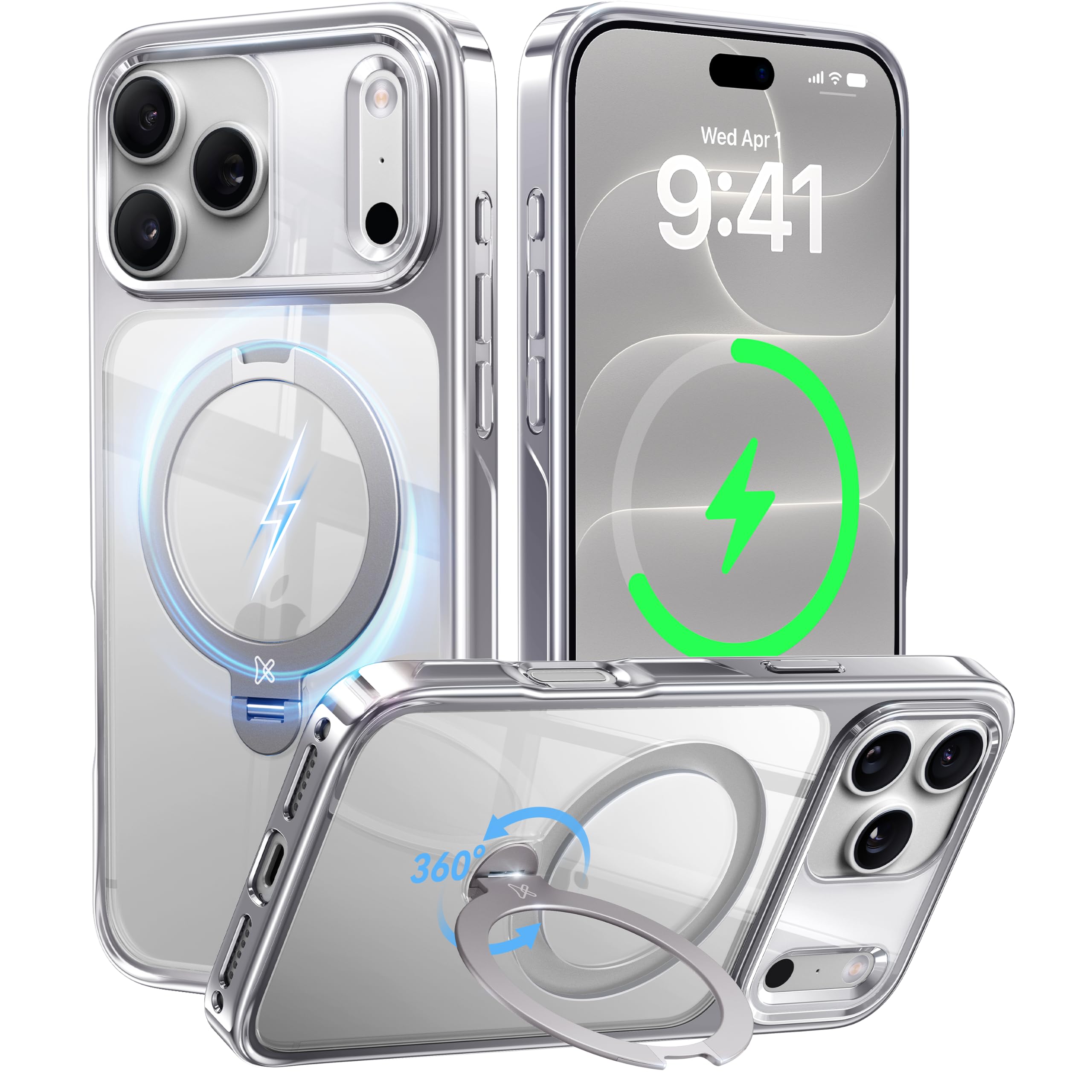 CASEKOO Silver for iPhone 18 Pro / 17 Pro Case, 360 Spin Magnetic Stand