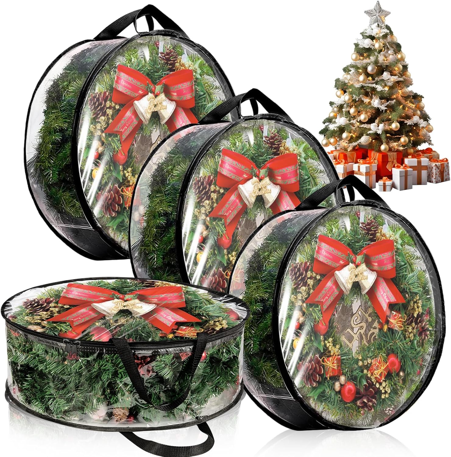 YAYODS 4 Pack Wreath Storage Container Bag 30 Inch Christmas Wreath Storage Bag Heavy Duty Christmas Wreath Boxes with Clear Window for Xmas Holiday Seasonal Wreath Garland (Black)