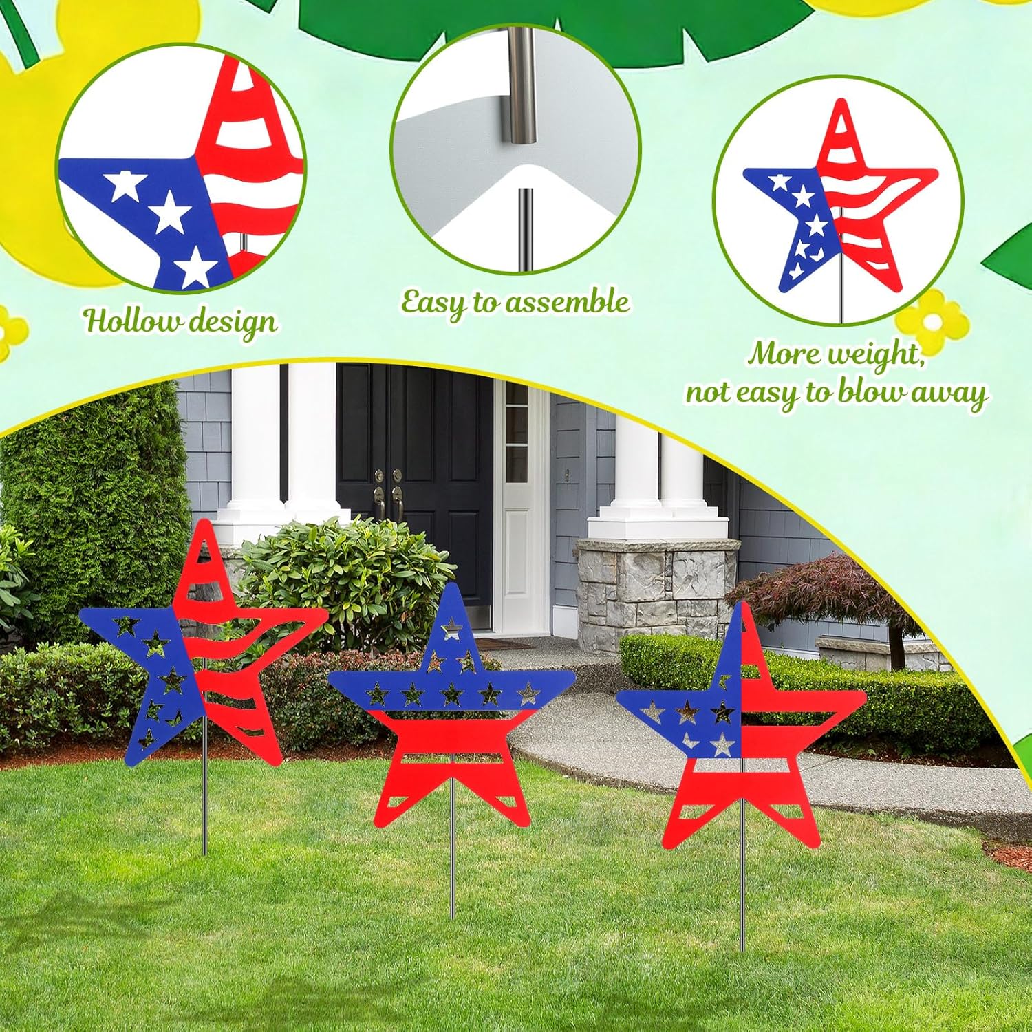 3 Pcs 4th of July Yard Signs Metal Patriotic Star Garden Stakes Red White Blue Lawn Decorations Outdoor American Patriotic Star Yard Decoration with Stake for Independence Memorial Day Lawn Decor