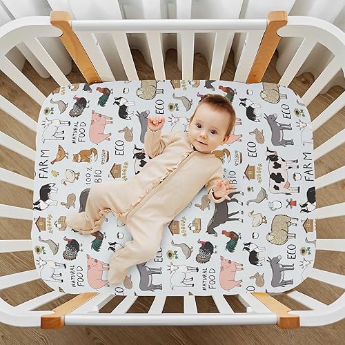 Miniatura 6 de Sábanas frescas de cuna de animales de granja para niños y niñas, 39 x 27 pulgadas, suaves y transpirables, sábanas portátiles para cunas elásticas