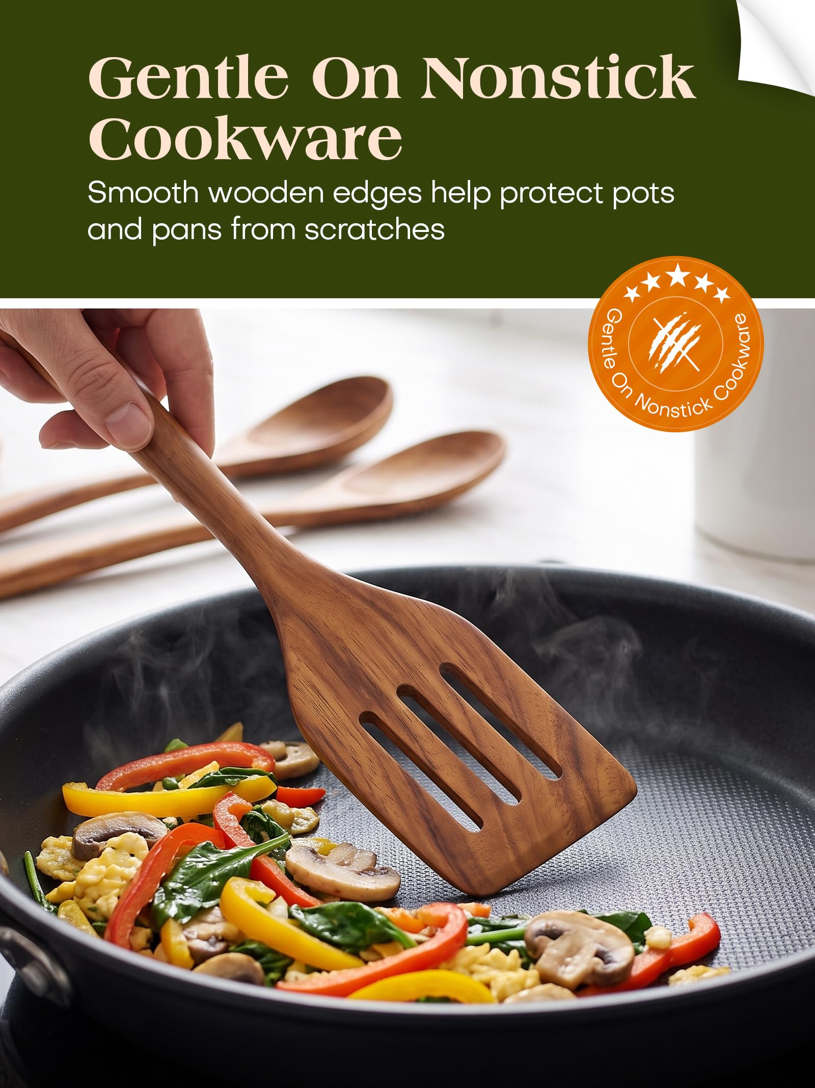 Holzküchenutensilien zum Kochen, Teakholz Kochbesteck Set, Holz Kochlöffel, Pfannenwender antihaft für Kochgeschirr – 7er Set
