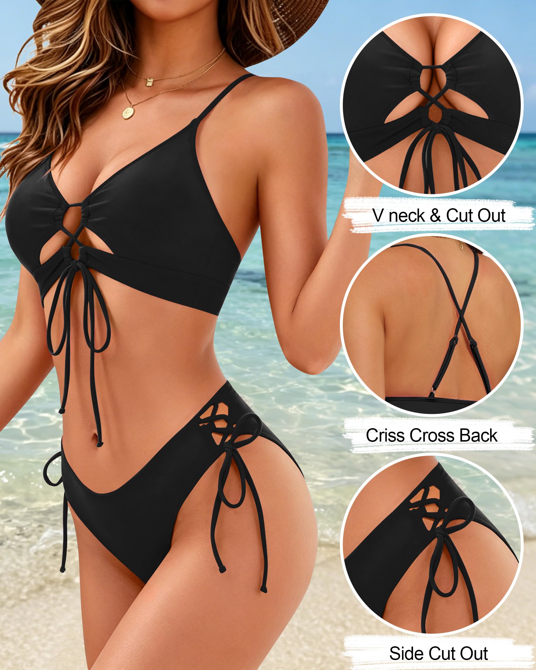 HORISUN Sexy Bikini-Sets für kurvige Damen 2-teiliger Cut-Out-Badeanzug mit hohem Beinausschnitt, Kordelzug & verstellbaren Bindebändern