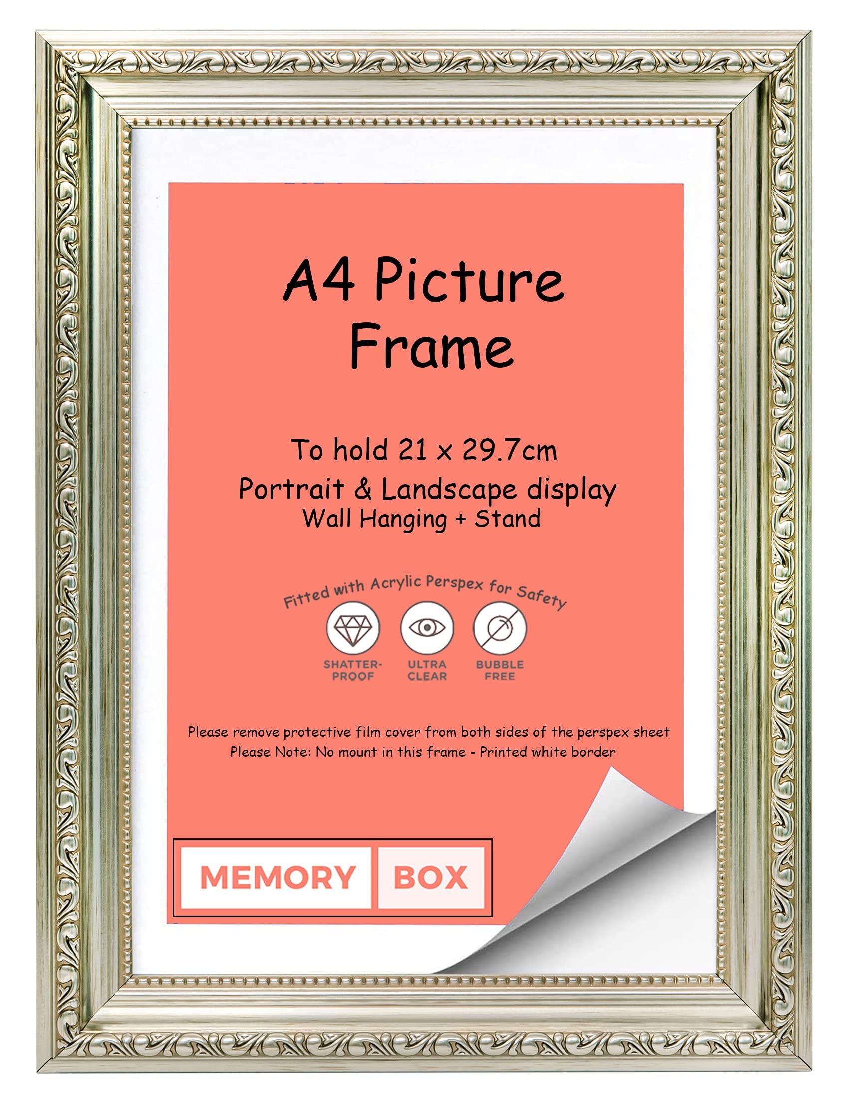 Memory Box Ornate Shabby Chic Picture/Photo/Poster frame with Real Glass - (21.0 x 29.7cm) Silver A4