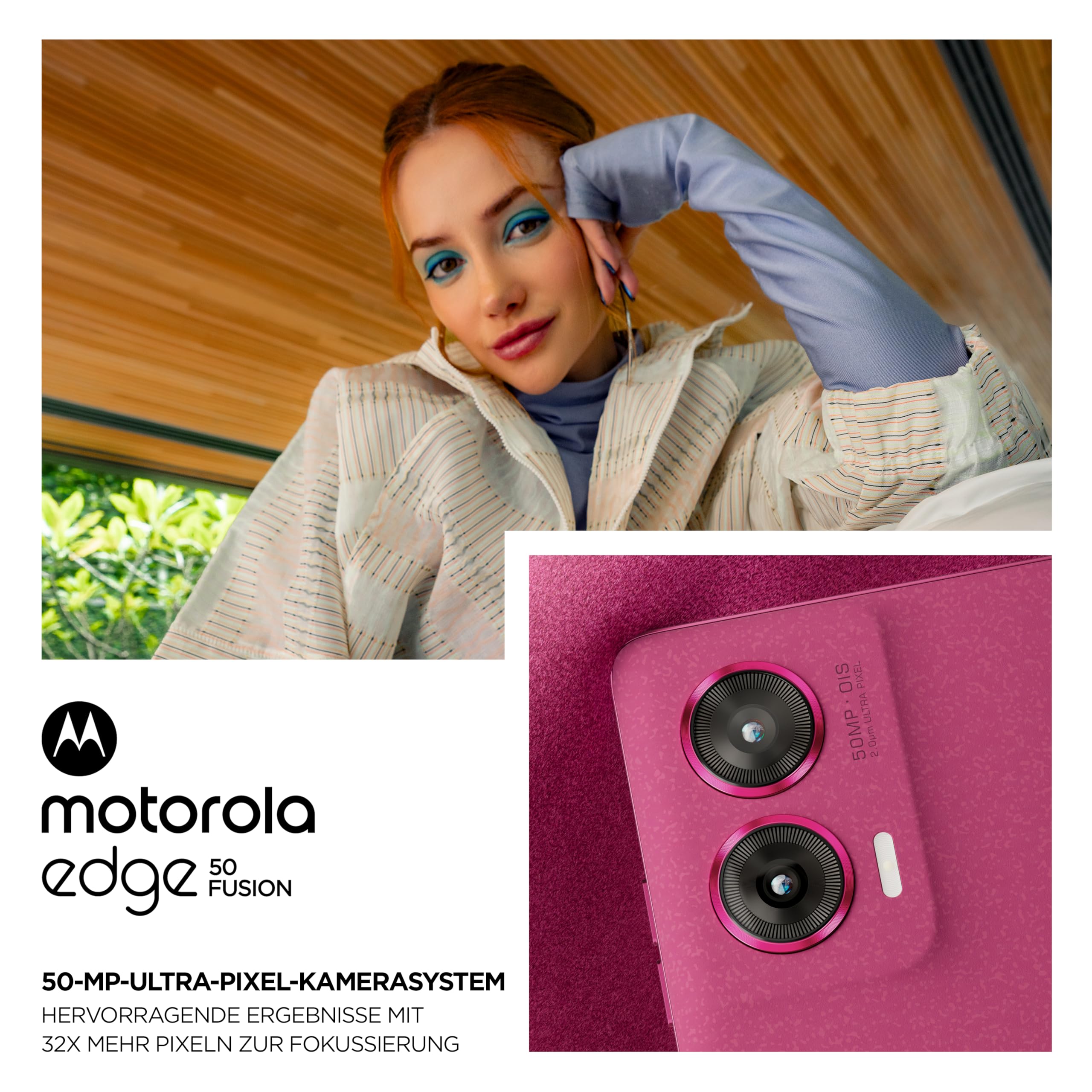 Motorola Moto Edge50 Fusion smartfon (6,7''-FHD+-pOLED-wyświetlacz, aparat 50 MP, 8/256 GB, 5000 mAh, w zestawie 68W ładowarka, Android 14) Hot Pink, w zestawie osłona ochronna+uchwyt na telefon