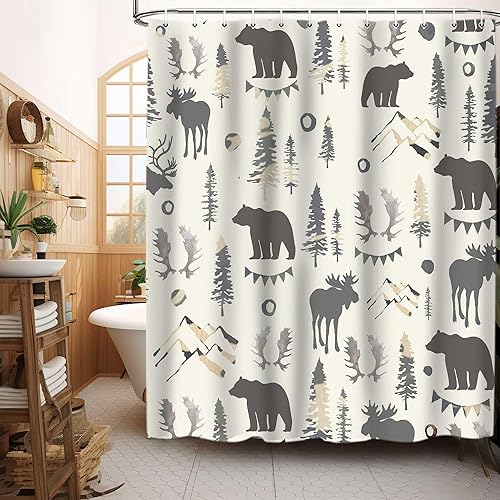 Miniatura 3 de Cortina de ducha con diseño de oso y bosque, cortinas de ducha de animales para baño, cornamenta de alce gris, pino, ciervo, bosque, decoración de