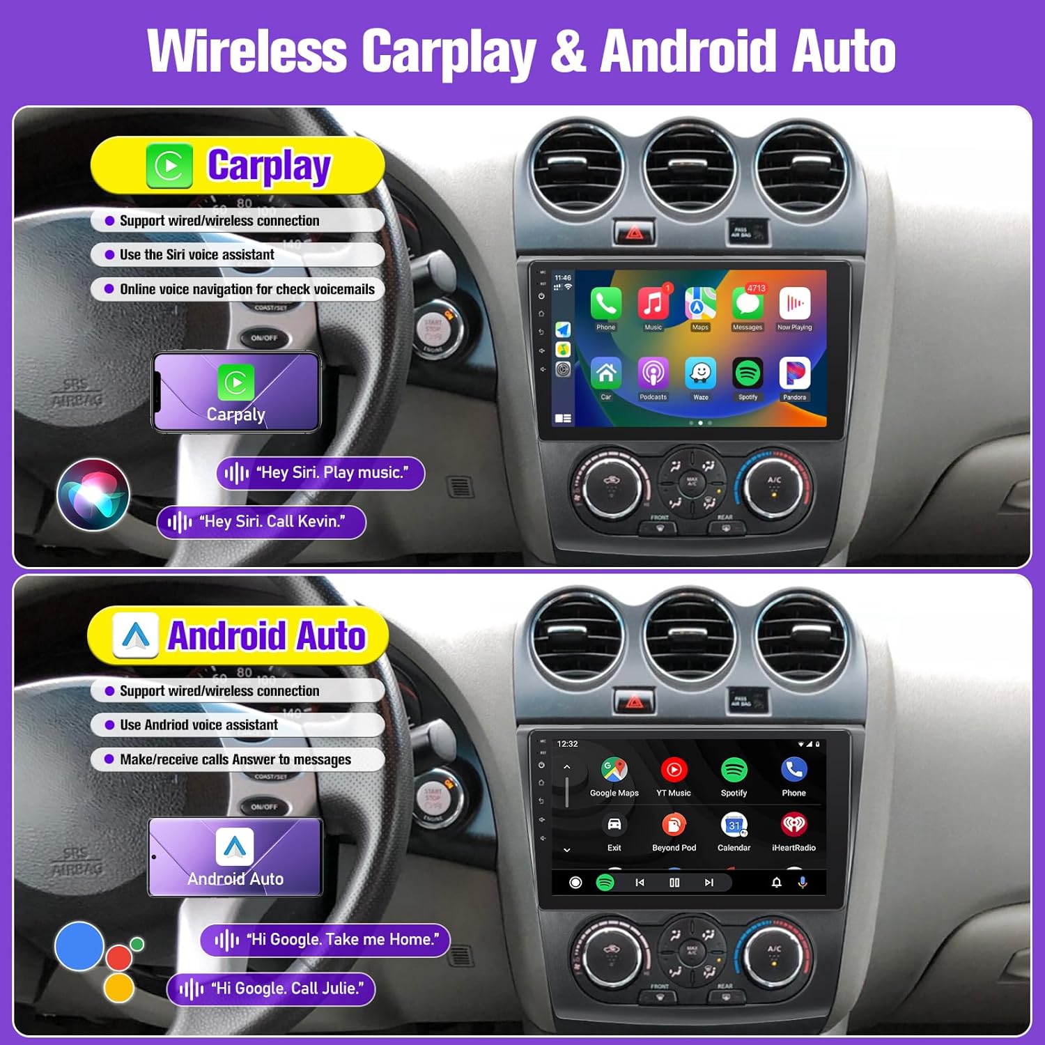 Screenshots showing the user interface for Apple CarPlay and Android Auto on the car stereo display.