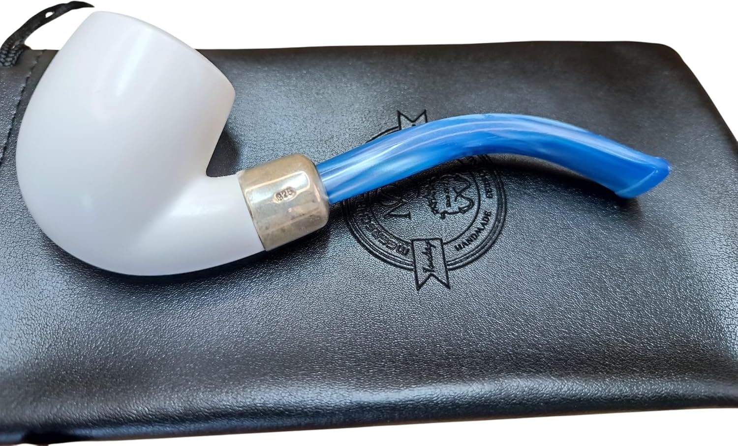 MeerschaumOnline Block Meerschaum Pipe with 925 Sterling Silver Band, Blue Acrylic Stem, Handcrafted, 125mm Length, Includes Leather Case