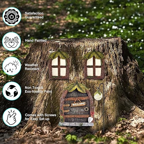 Miniatura 5 de Ventana y puerta de casa de hadas de gnomo en miniatura para árboles, brilla en la oscuridad, escultura de jardín, adorno de césped, decoración de