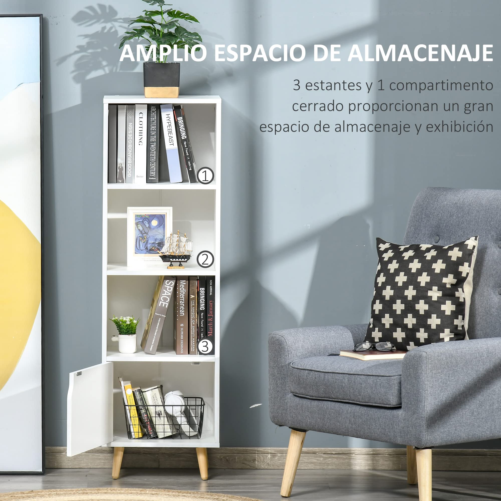 HOMCOM Estantería para Libros con 3 Estantes Abiertos y Cajón Librería Moderno para Almacenamiento Juguetes CDs Plantas 40x30x129,5 cm Blanco