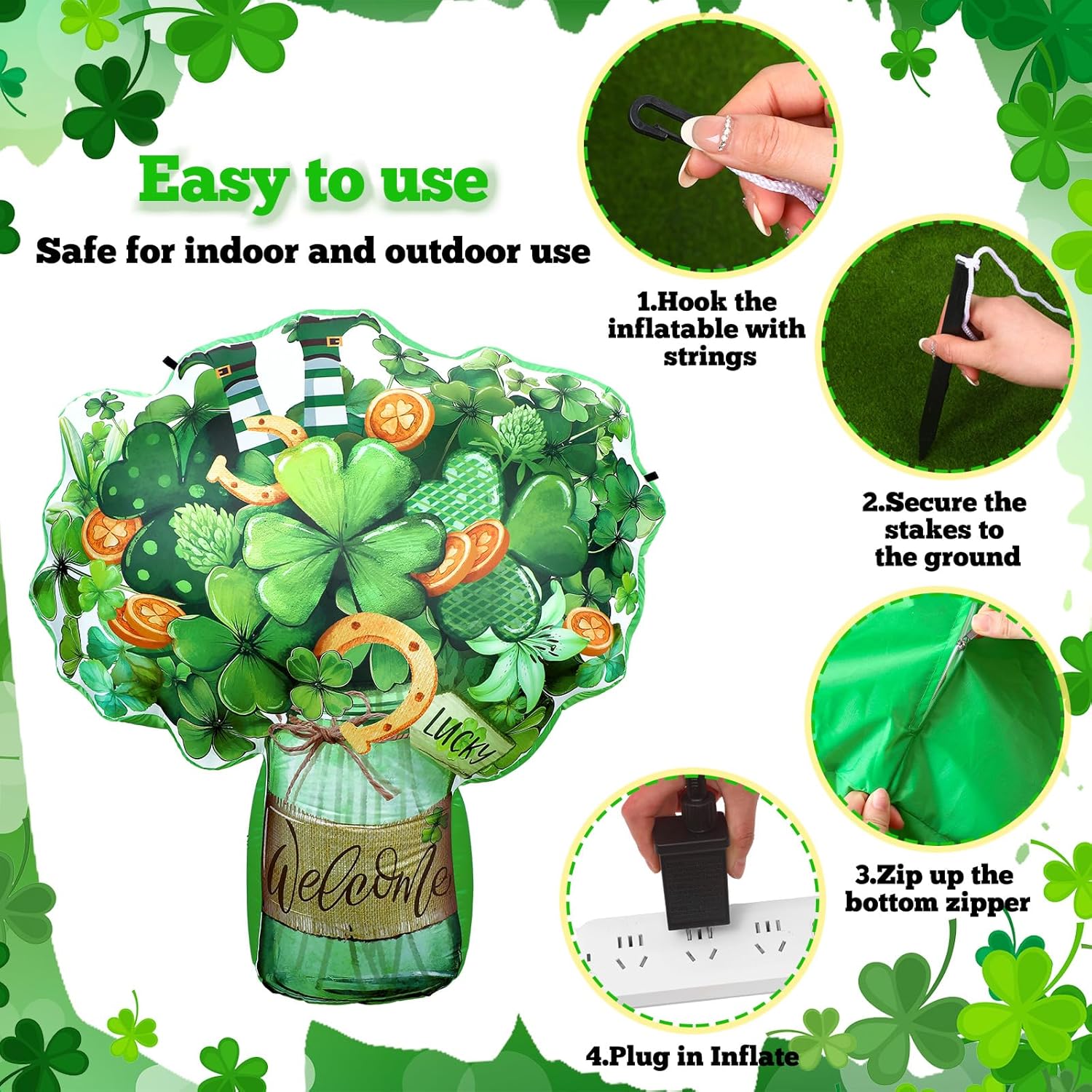 Jetec St. Patrick's Inflatable Decoration 5 ft St. Patrick's Shamrock Blow up Yard Decor with LED Lights Welcome Irish Blow up Inflatable Lucky Clover Lawn Decor for Ome Garden Patio Lawn