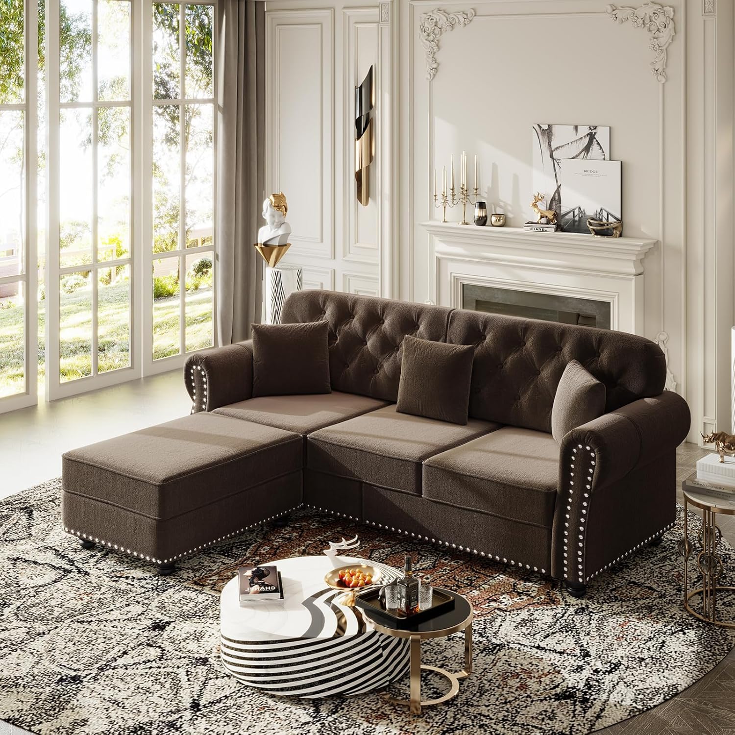 4 Pieces Chesterfield Sofa Set with Ottoman, 1& 2& 3 Seater Comfy Tufted Velvet Couch with Rolled Arms & 6 Pillows, Mid Century Modern Couch and Loveseat, Vintage Living Room Sets Furniture (Brown)