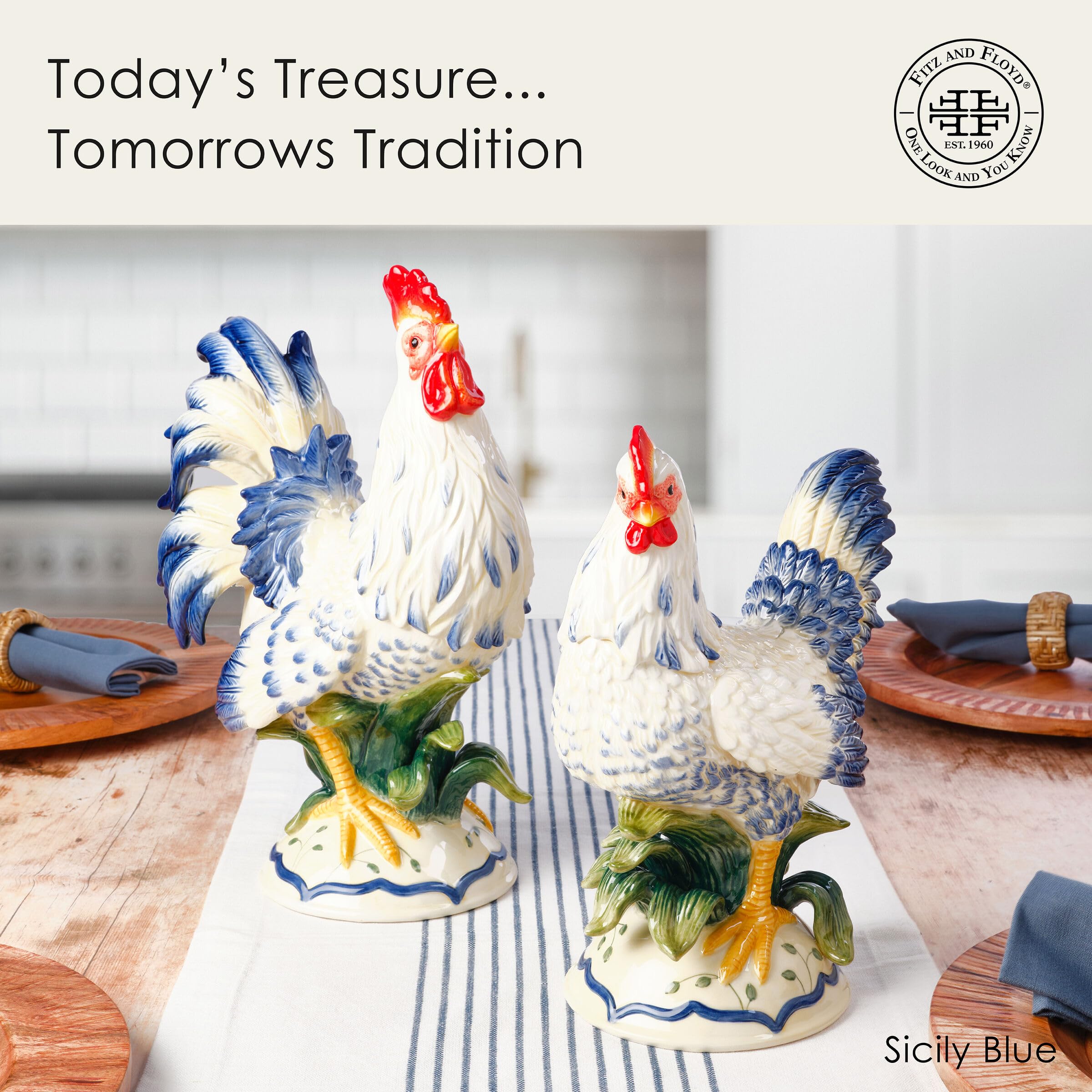 Fitz and Floyd Ceramic Rooster and Hen Figurine, Sicily Blue